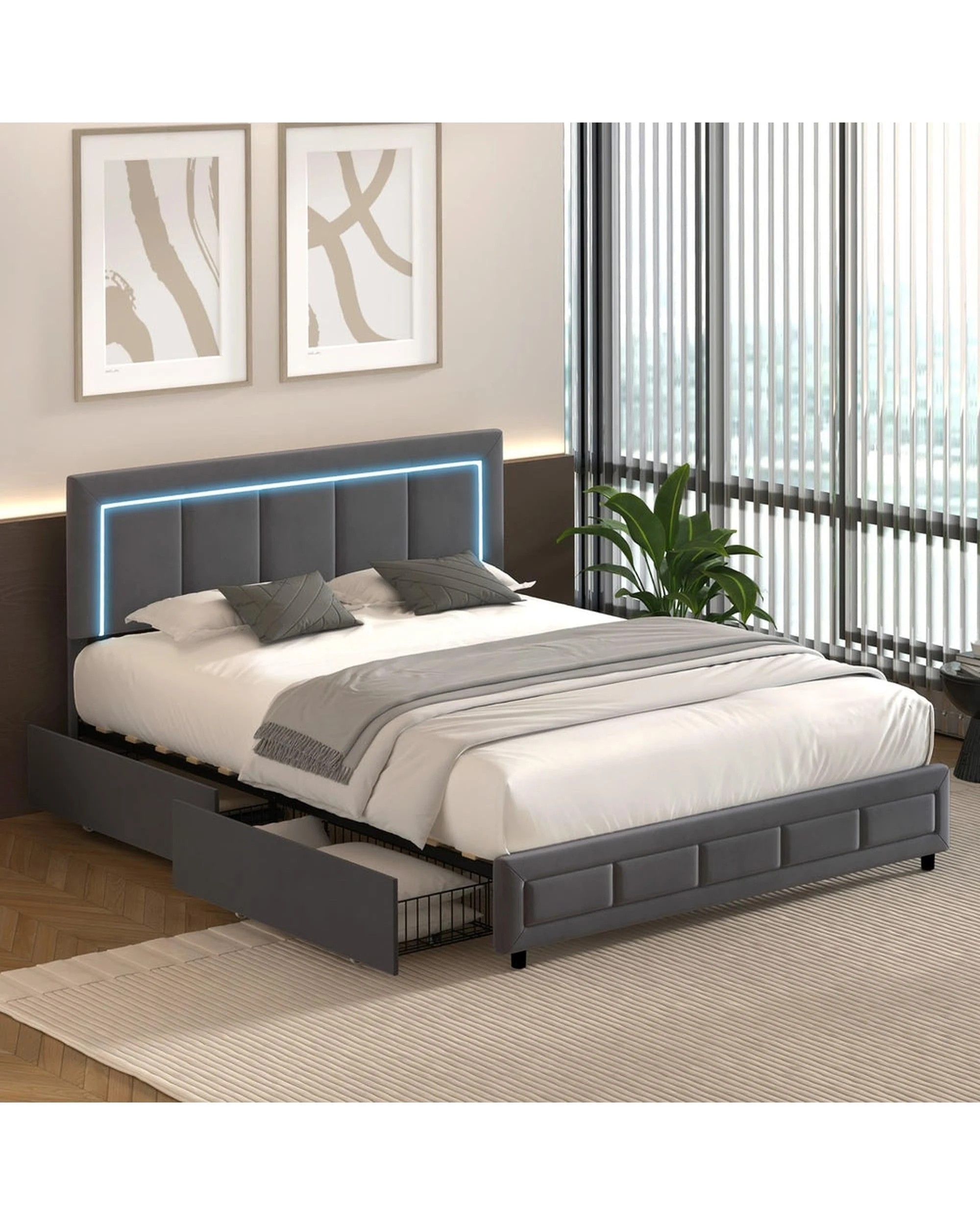 4 Oikiture LED Double Bed Frame With 4 Storage Drawers & Charging Station - Grey, 4 of 9