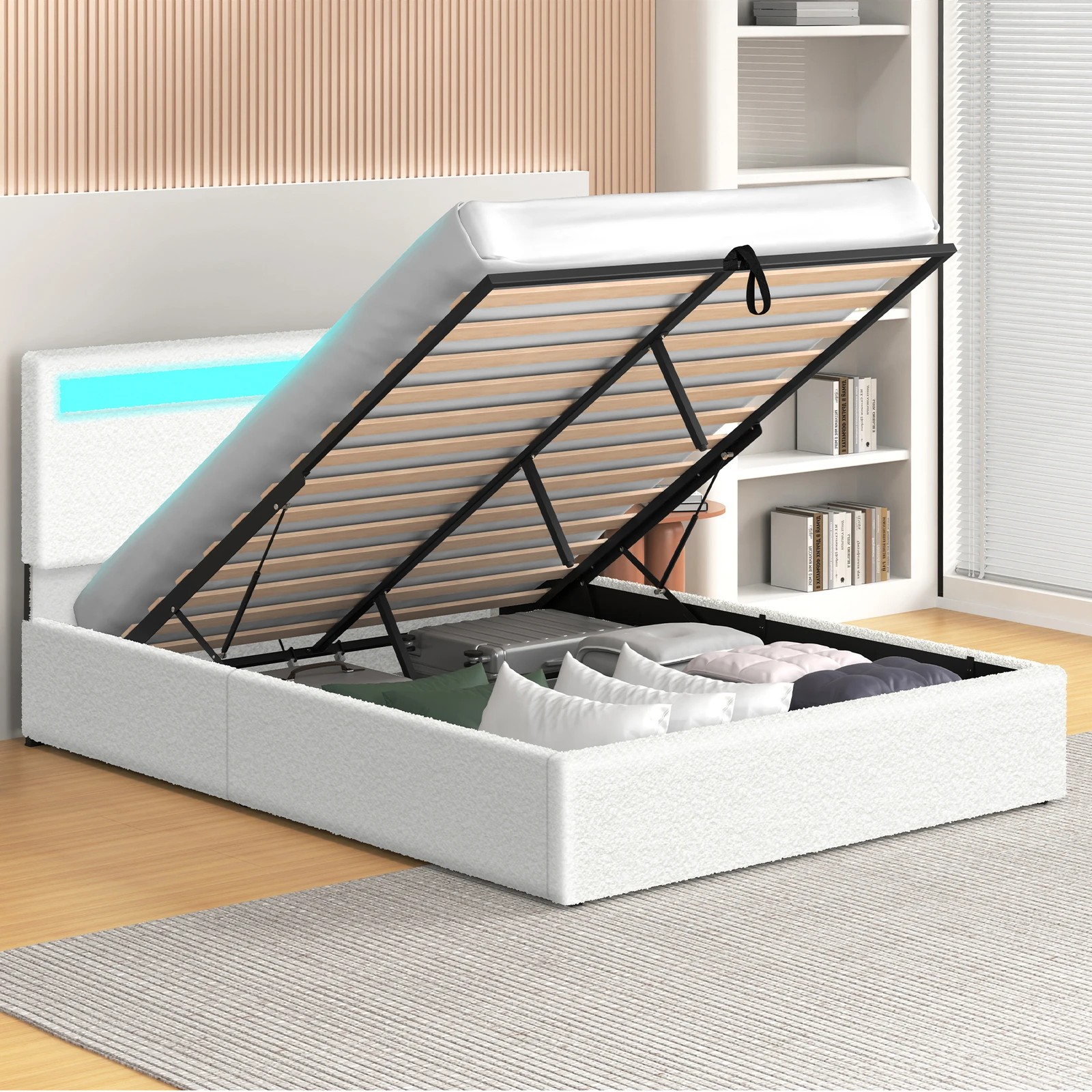 4 Alfordson Bed Frame Queen Size RGB LED Gas Lift Storage Base Boucle Luchino - White, 4 of 10