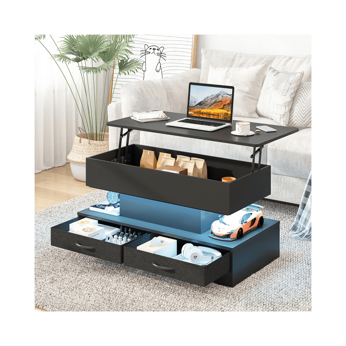 3 Advwin Lift up Top Coffee Table with Hidden Storage & Drawers RGB LED Lights Wooden Tea Table Black, 3 of 9