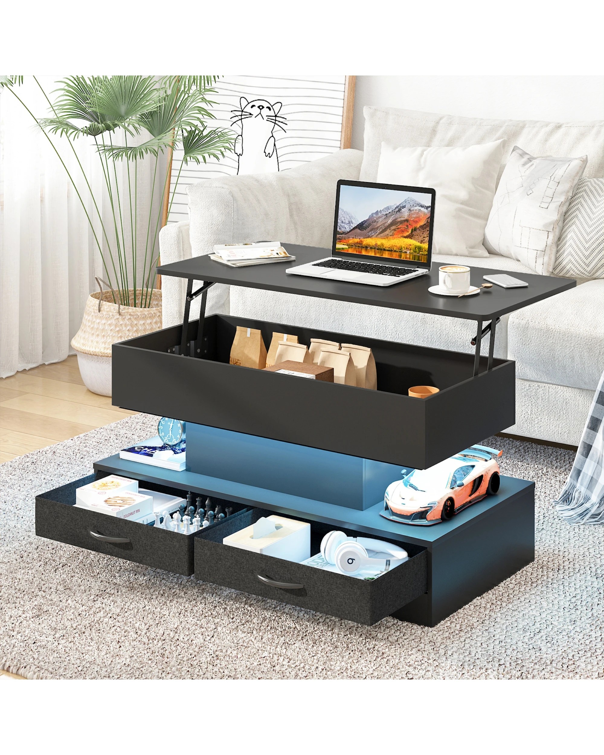 3 Advwin Lift up Top Coffee Table with Hidden Storage & Drawers RGB LED Lights Wooden Tea Table Black, 3 of 9