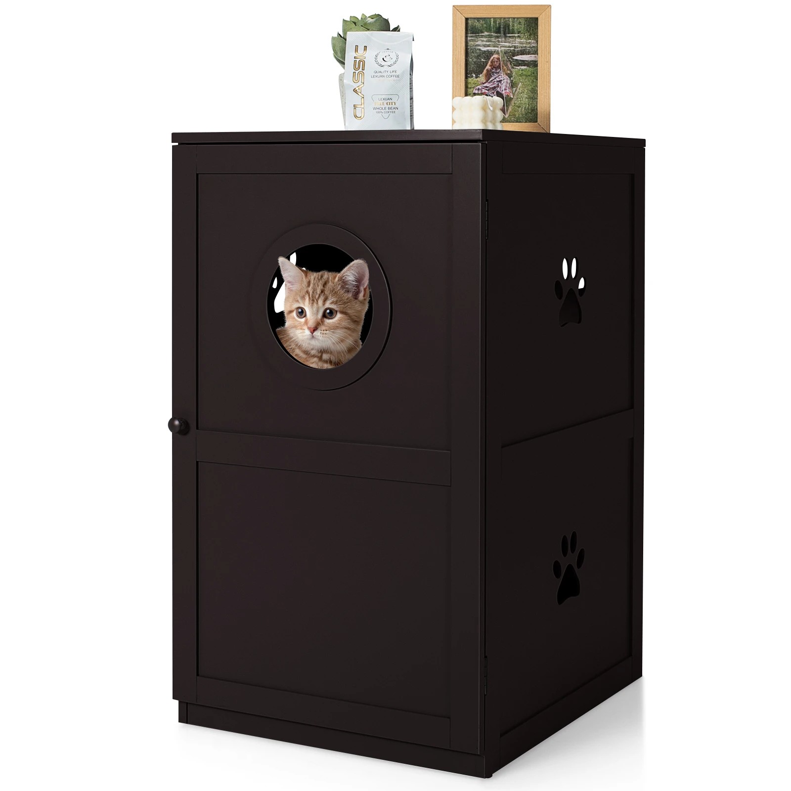 4 Costway 2-Tier Cat Litter Box Wood Storage Cabinet Enclosed Kitten Washroom - Brown, 4 of 5