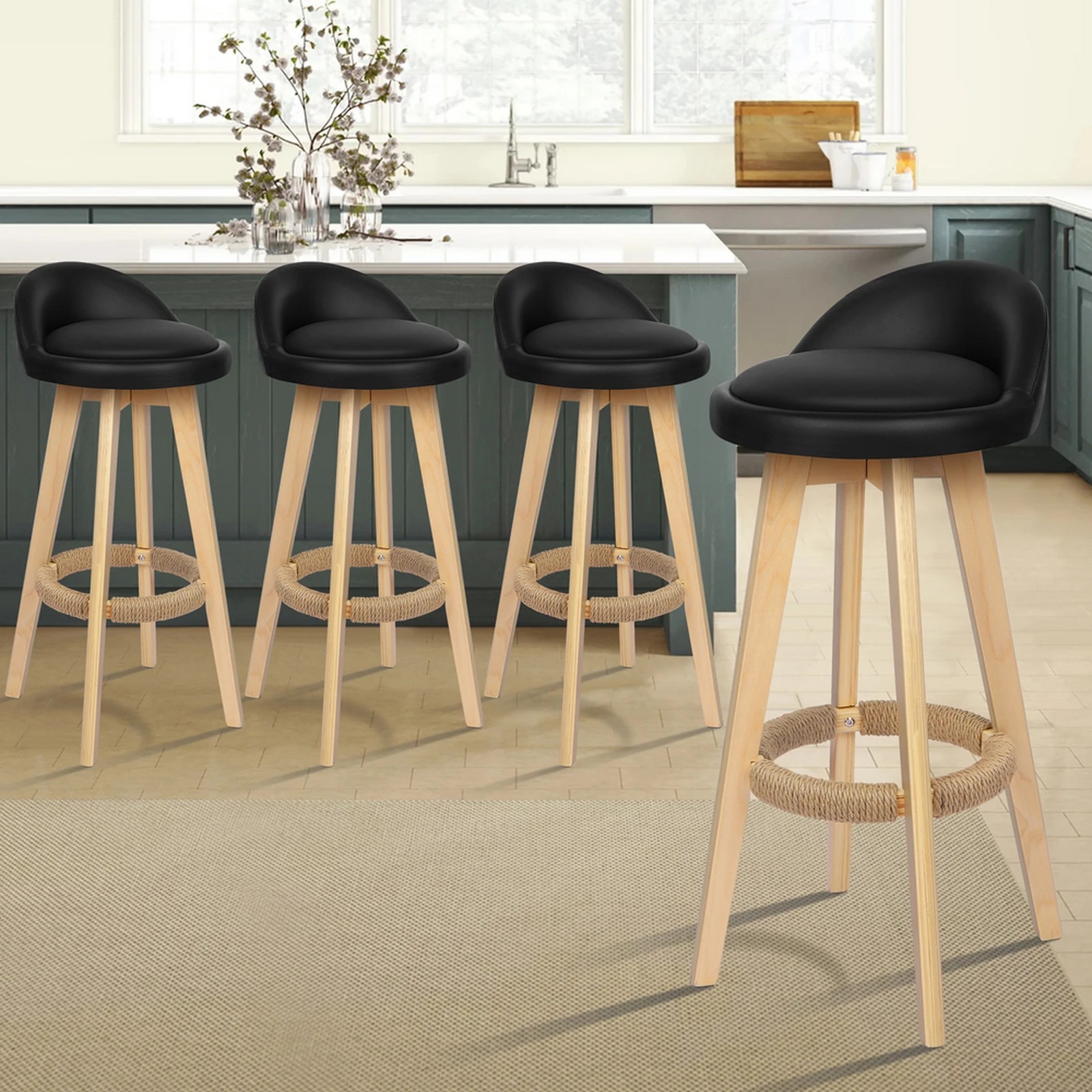 9 Alfordson 4x Kitchen Bar Stools Liam Wooden Swivel Bar Stool Chairs - Black, 9 of 10