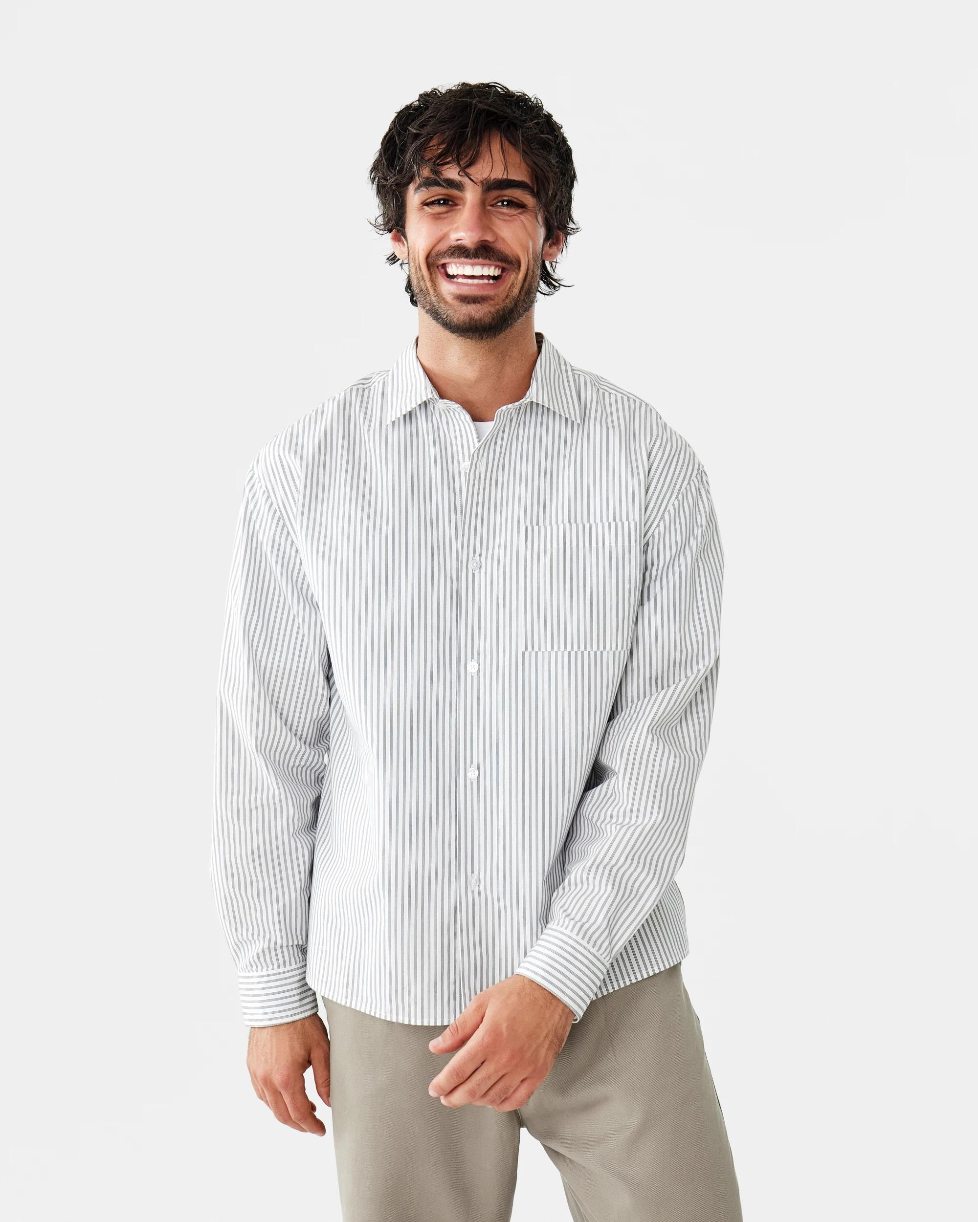 1 Long Sleeve Relaxed Poplin Shirt Wht Stripe, 1 of 9