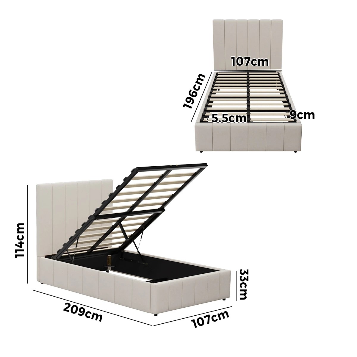 10 Oikiture King Single Bed Gas Lift Base With Storage Bed Frame
 - Beige, 10 of 10