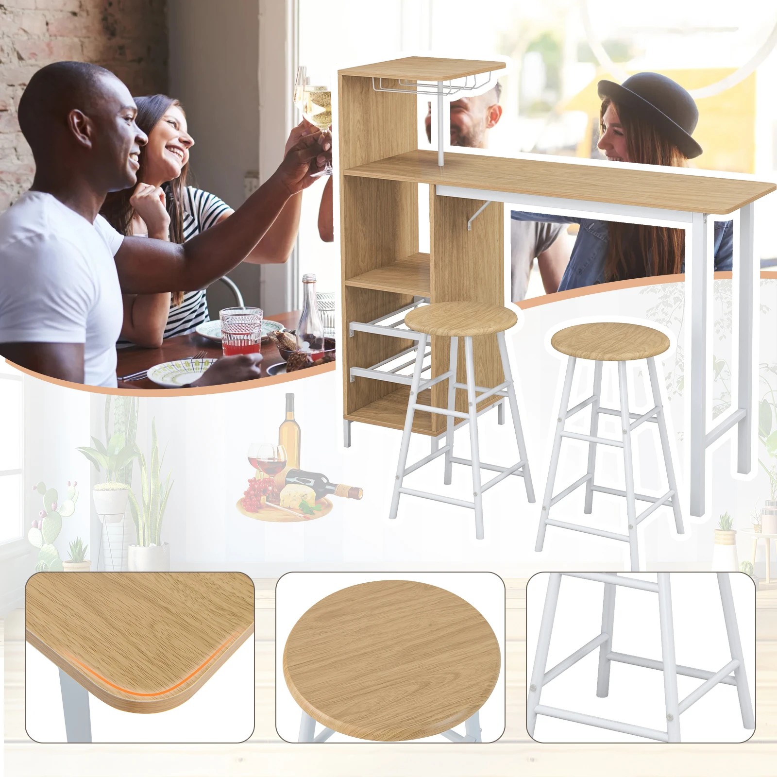 4 Costway 3PCS Bar Table Stool Set 120cm Dining Table Set w/Glass Holders & Wine Rack, 4 of 6