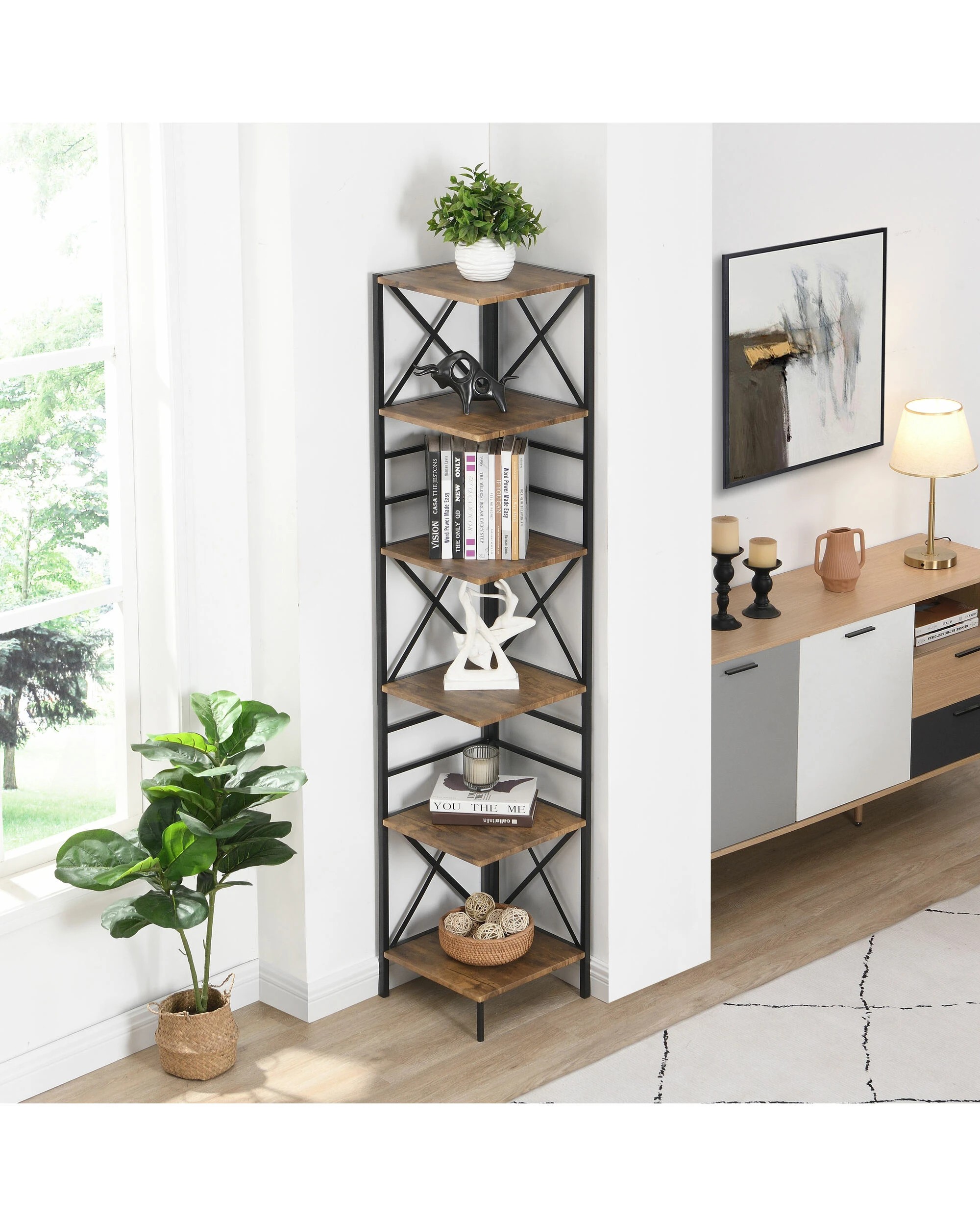 3 IHOMDEC 6-Tier Square Corner Bookshelf - Brown, 3 of 10