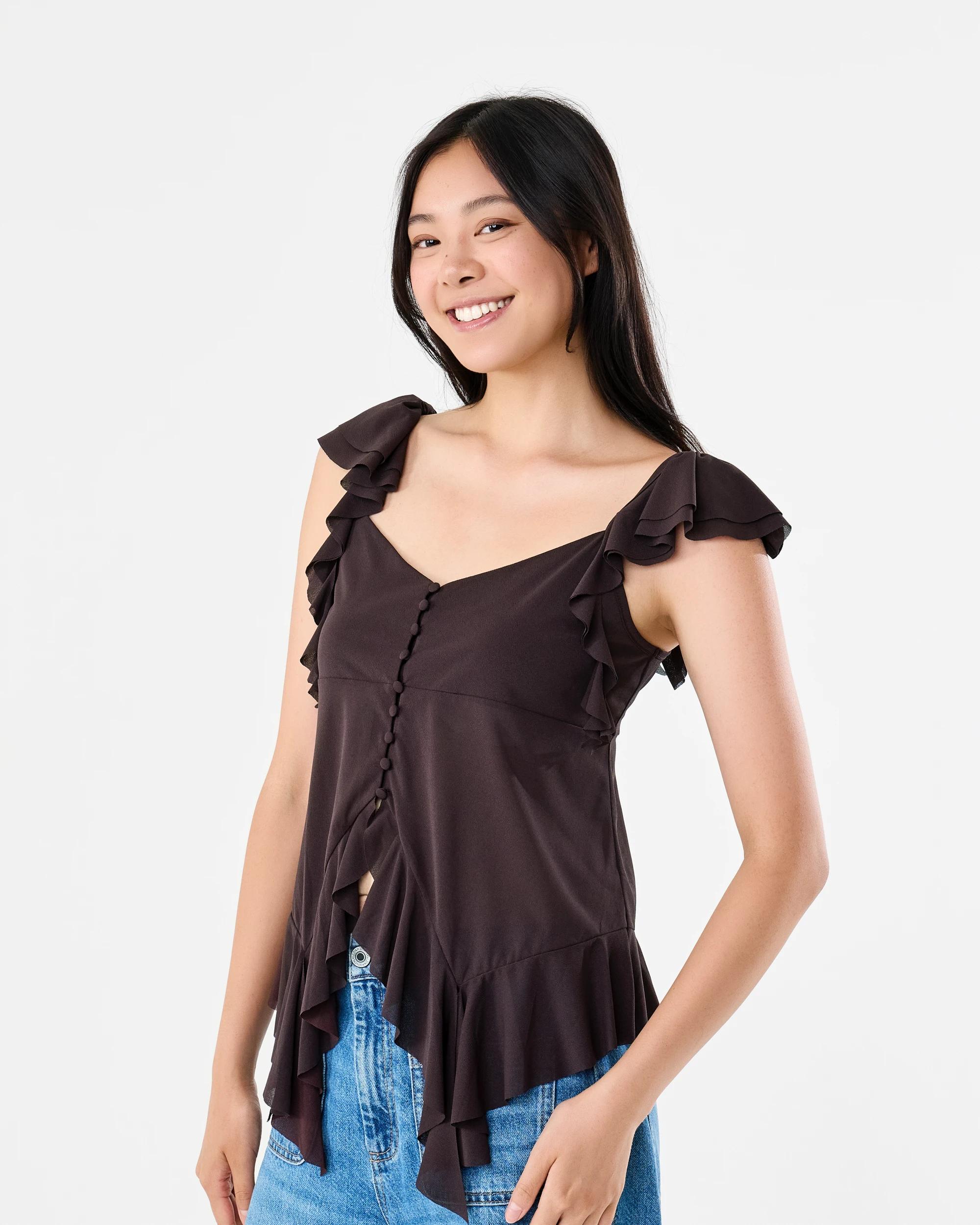 2 Sleeveless Ruffle Top Choc Plum, 2 of 7