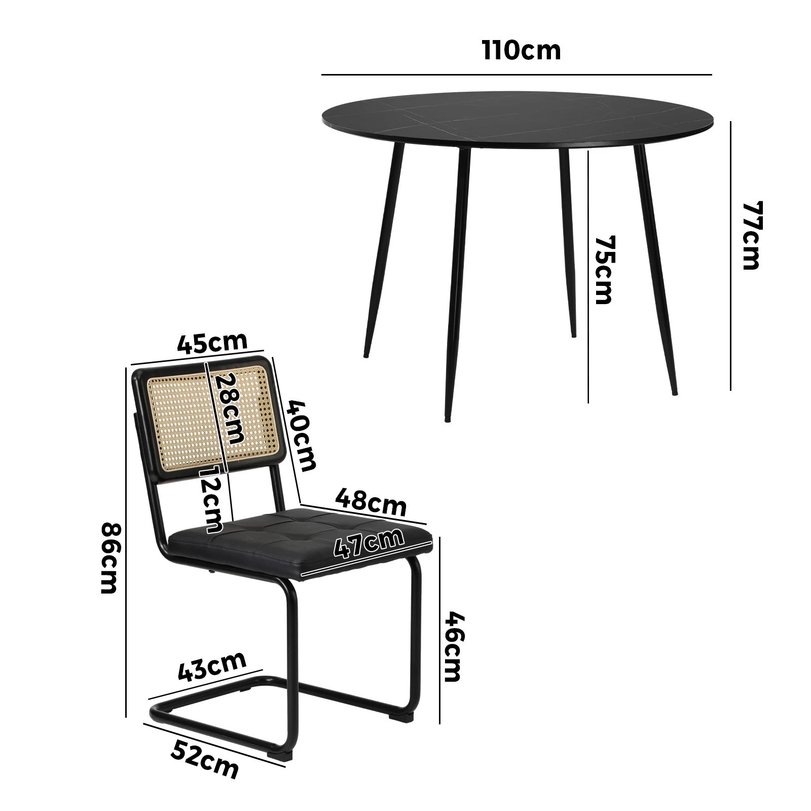 2 Oikiture 5PCS Dining Table Set 1.1m Round Dining Table and Chairs PU Leather Padded Seat - Black, 2 of 9