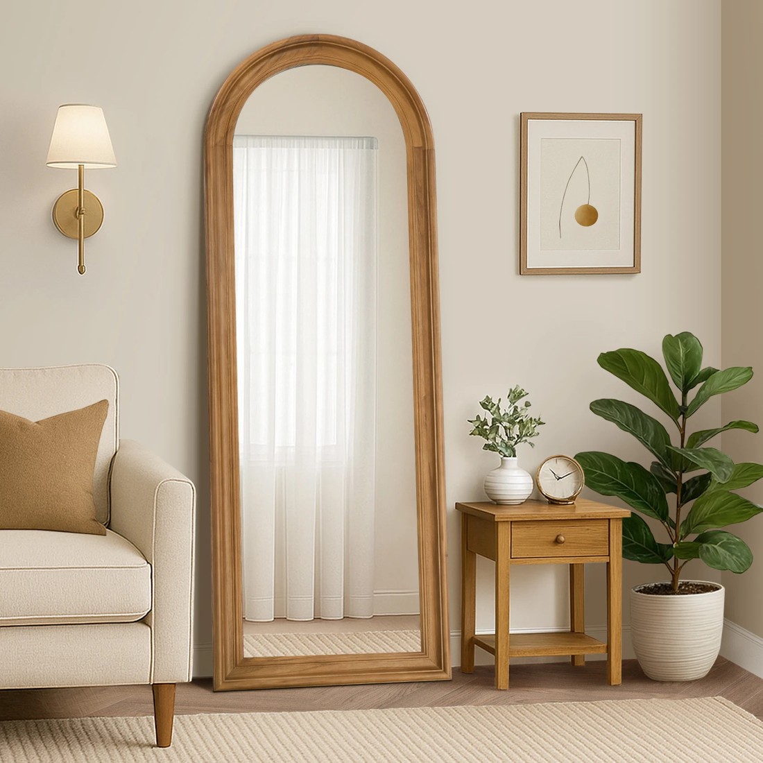 3 Oikiture Full Length Mirror Elegance Arch 165x60cm Wood Floor Mirrors - Brown, 3 of 10