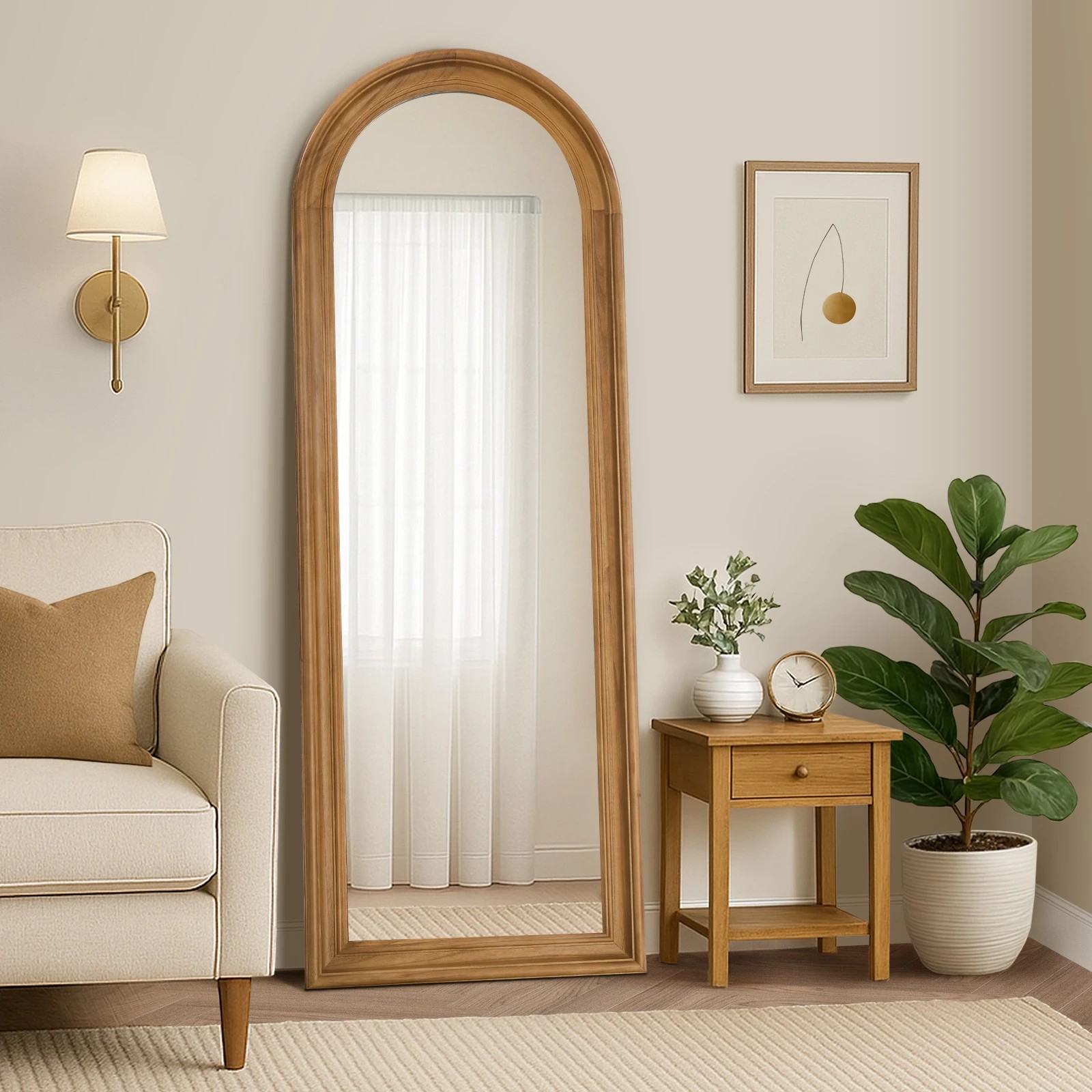 3 Oikiture Full Length Mirror Elegance Arch 165x60cm Wood Floor Mirrors - Brown, 3 of 10