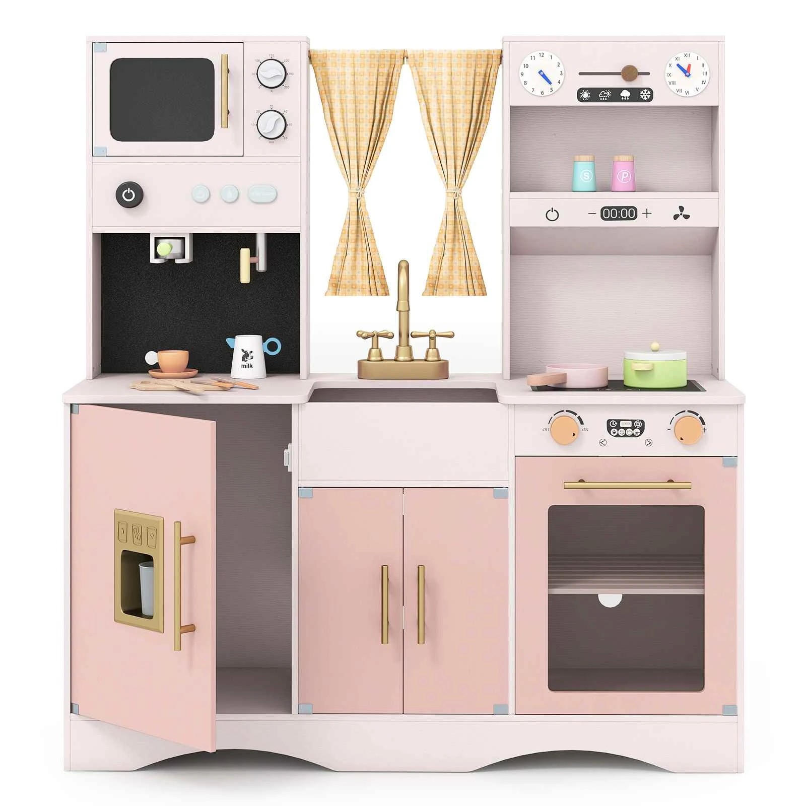 1 Costway Kitchen Playset Wooden Cooking Pretend Toy Set - Pink, 1 of 3