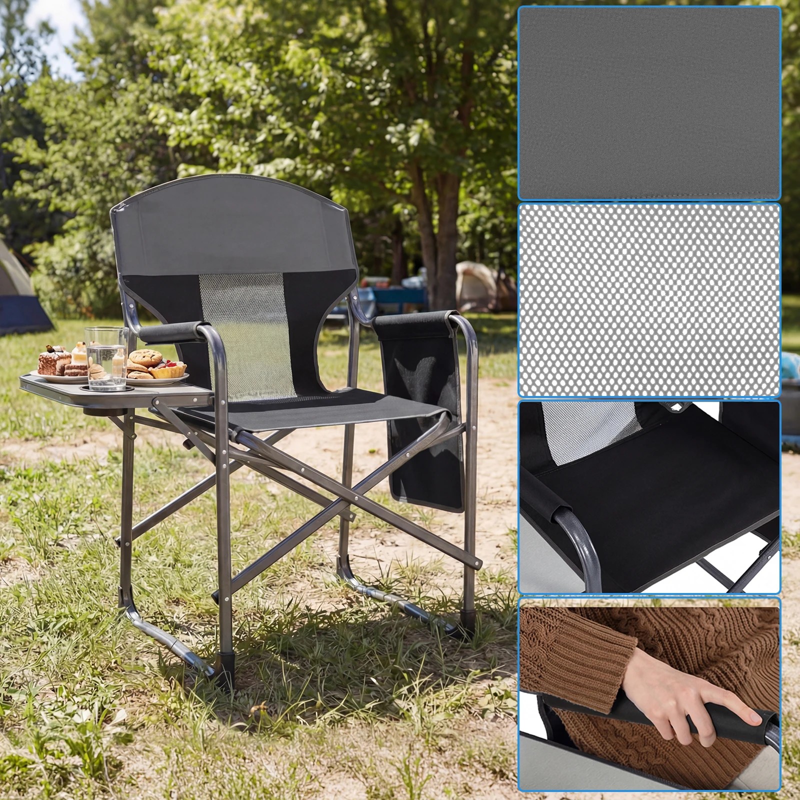 3 Costway Folding Camping Chair Oversize Padded Portable Directors Chair w/Side Table - Black, 3 of 6