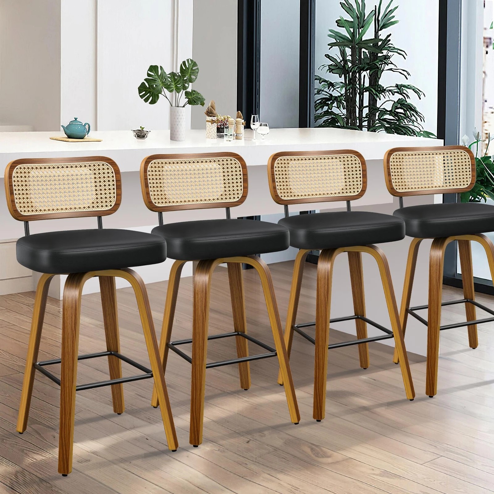 2 Alfordson 4x Bar Stools Kitchen Vintage Leather Seat Rattan Chair - Black, 2 of 9