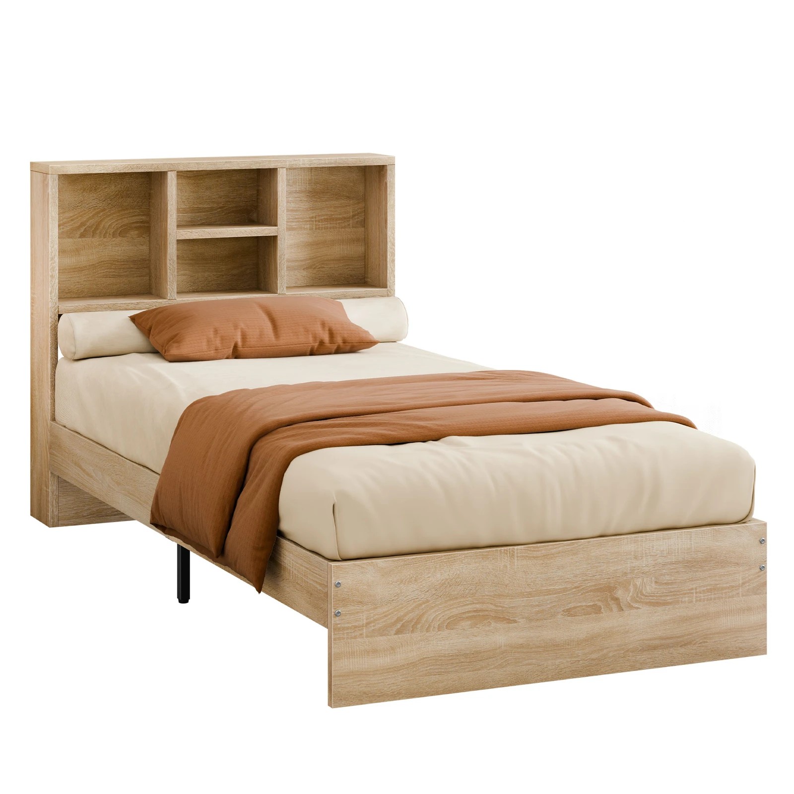 1 Alfordson Wooden Bed Frame Single Size Base with Bookshelf Storage Headboard - Oak, 1 of 10