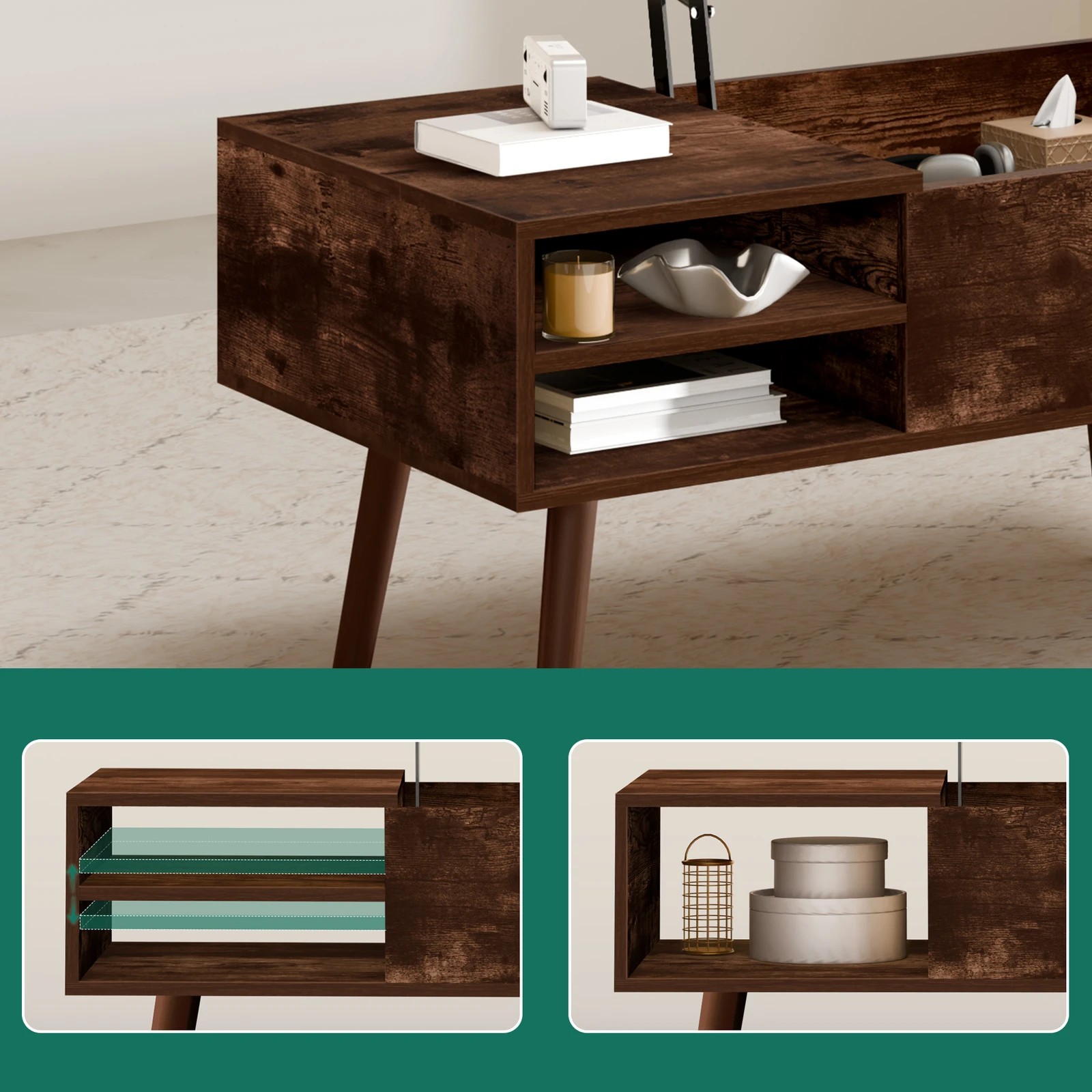 6 Alfordson Coffee Table 2-in-1 Lift Up Hidden Storage Dark Oak, 6 of 10