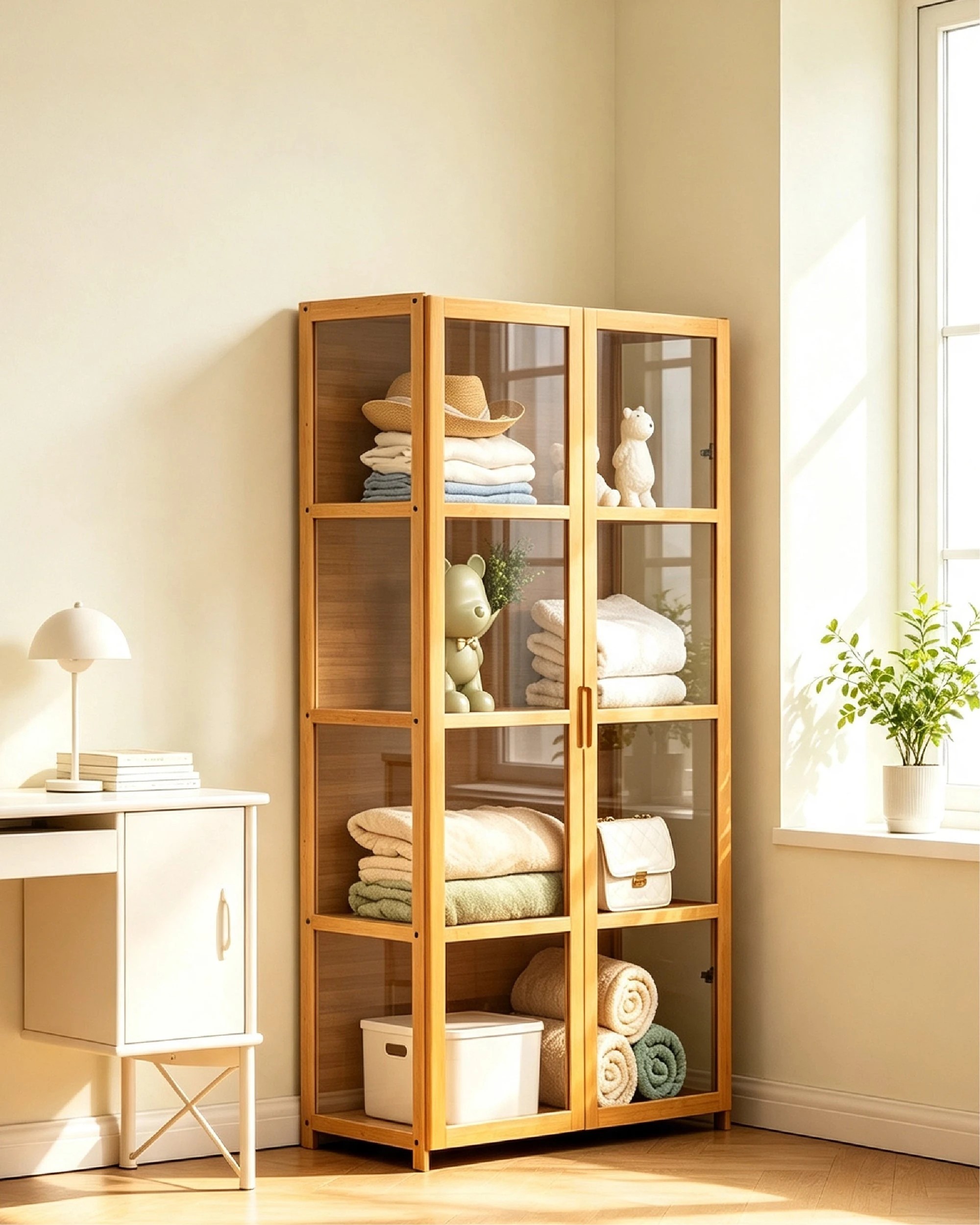 Foret 4tier Bamboo Storage Display Cabinet With Clear Double Doors 82cm ...