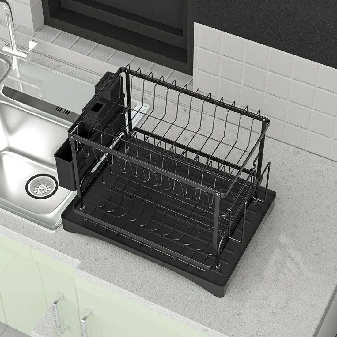 2 Cefito Dish Rack 2 Tiers Expandable Drainer - - Black, 2 of 4