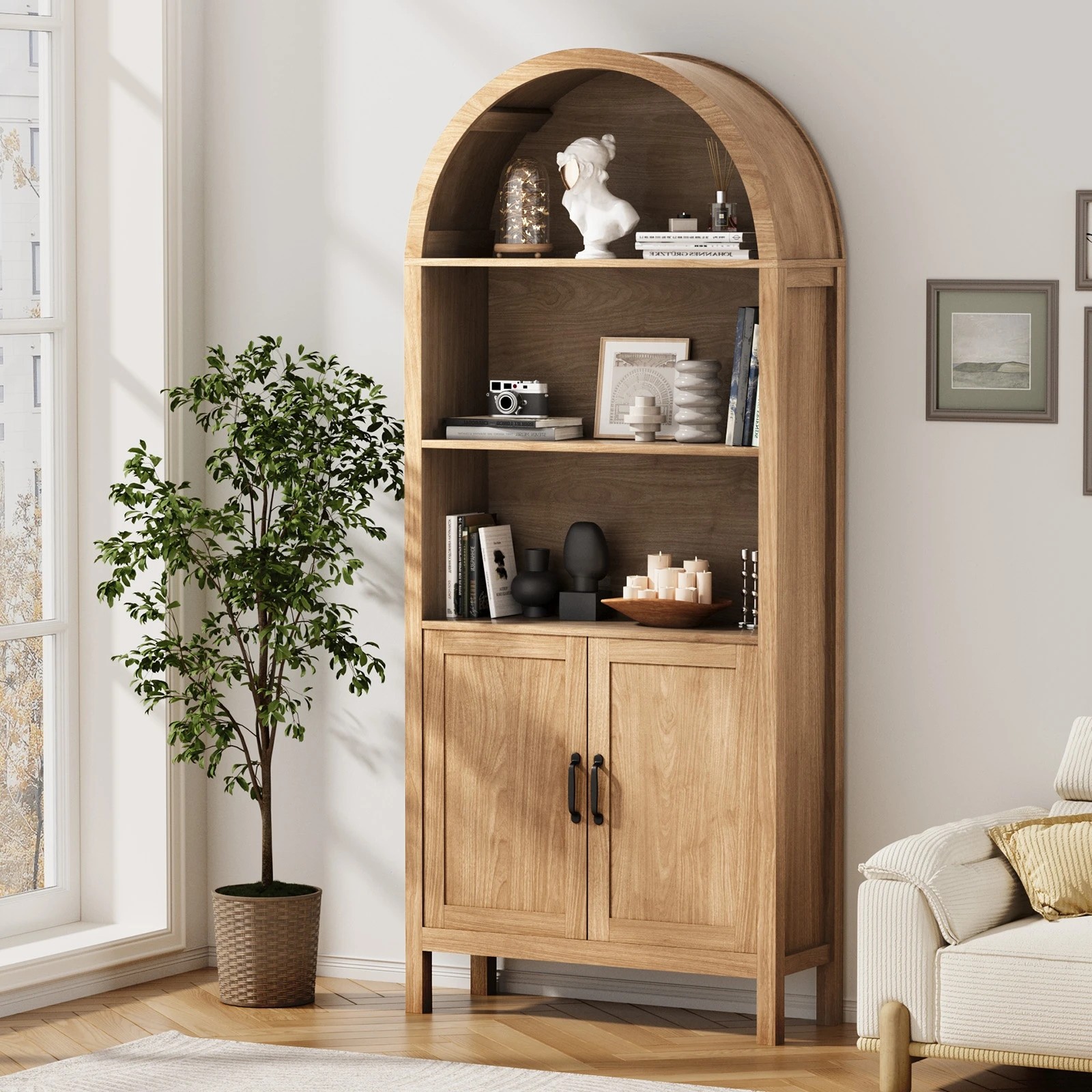 2 Oikiture Arched Bookshelf Display Shelf Bookcase Bookshelves Storage Cabinet
 - natural, 2 of 10