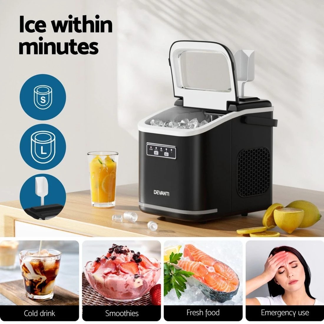 5 Devanti Ice Maker Machine Portable 12kg Countertop w/Self Cleaning 1.3L - Black, 5 of 7