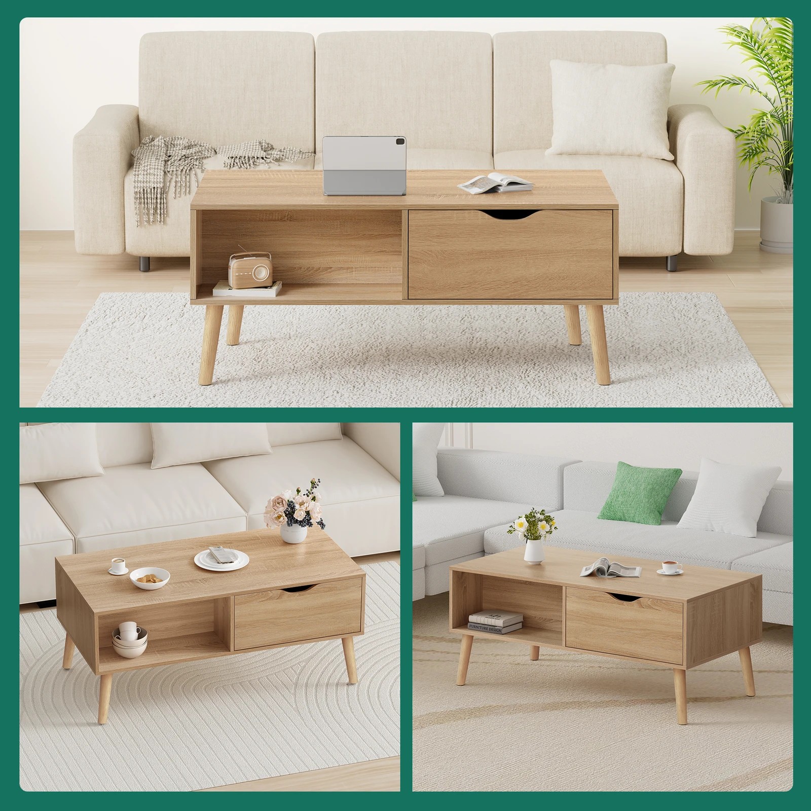 10 Alfordson Coffee Table Storage Tables 2 Drawers Shelf Modern Desk - Oak, 10 of 10