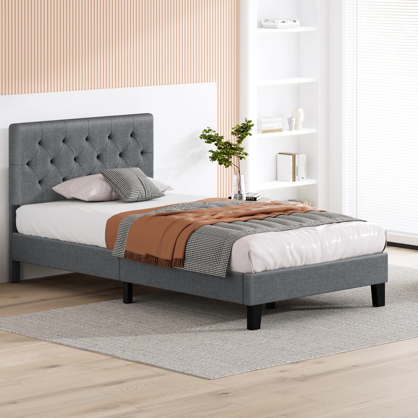 4 Alfordson Bed Frame King Single Tufted Headboard Modern Fabric Meduna - Grey, 4 of 9