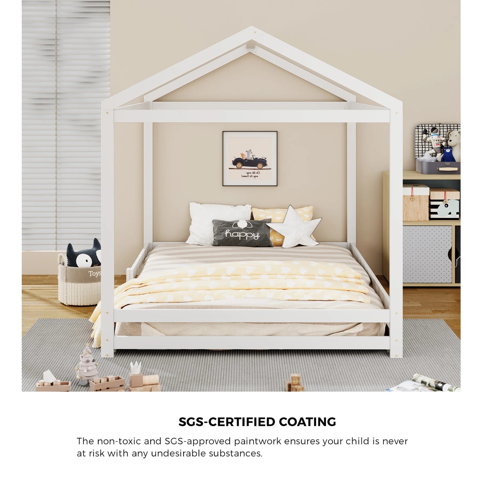 6 Oikiture Kids Wooden Bed Frame Timber House Beds Base With Fence Double
 - White, 6 of 10