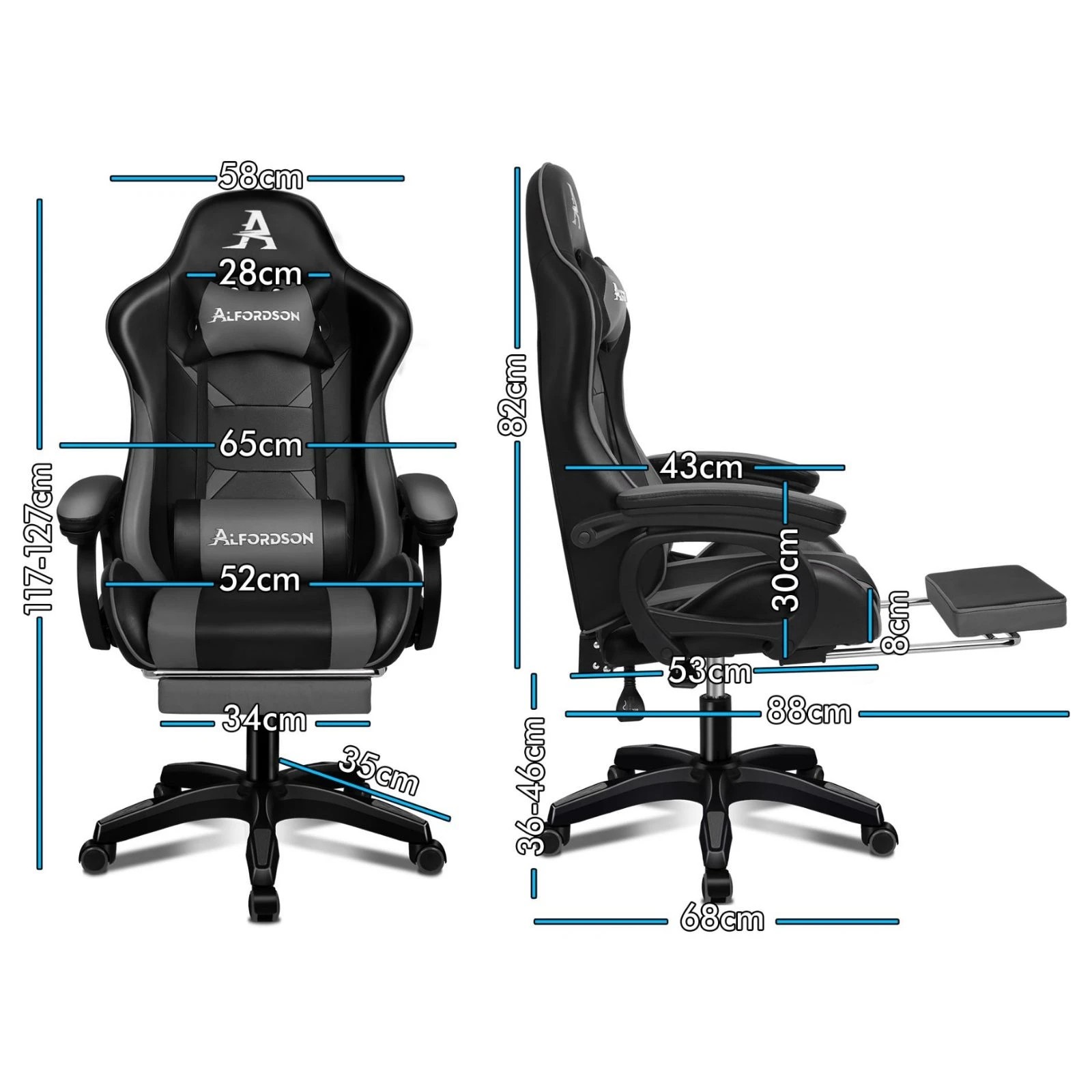3 Alfordson Gaming Office Chair Massage Racing Computer Seat Footrest Leather - Grey, 3 of 10