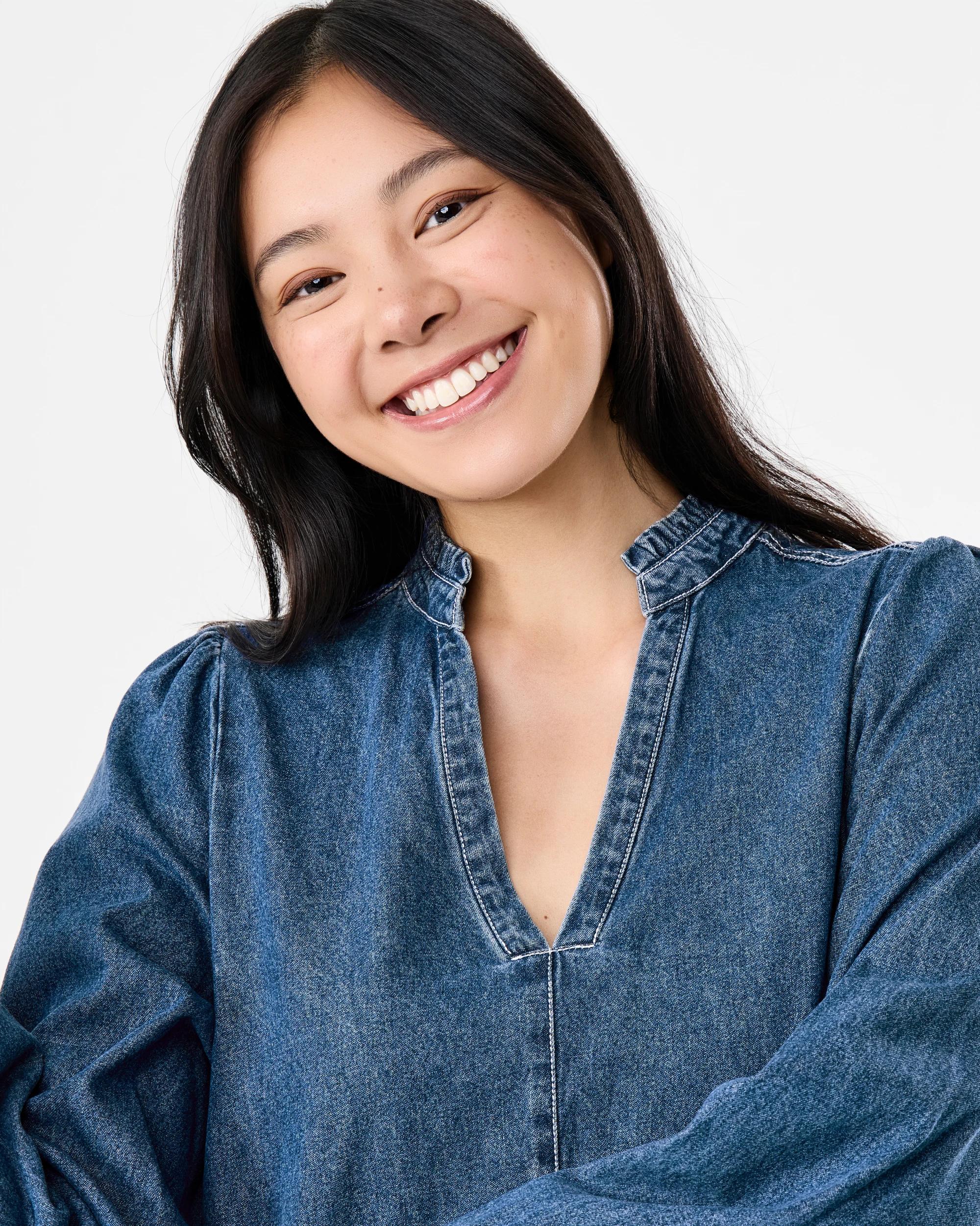 4 Long Sleeve Denim Notch Neck Maxi Dress Mid Wash, 4 of 8