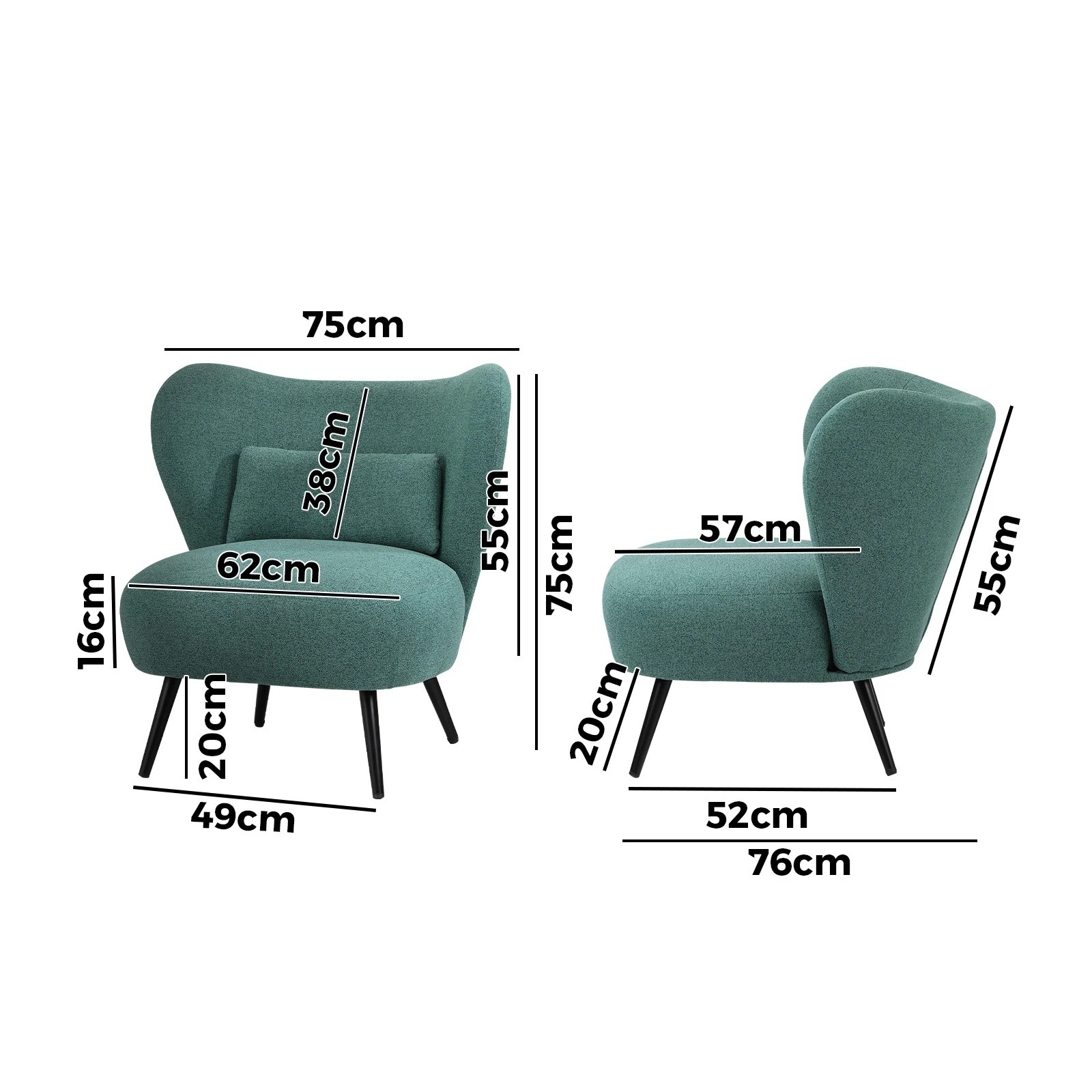 2 Oikiture 2x Armchair Lounge Chair with Lumbar Pillow Wingback Linen - Green, 2 of 10
