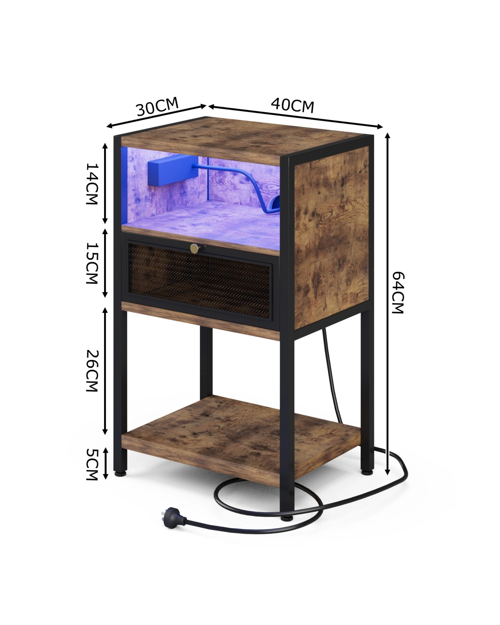 1 Advwin LED Bedside Table with Charging Station Metal Mesh Drawer Nightstand Side Table - Brown, 1 of 8