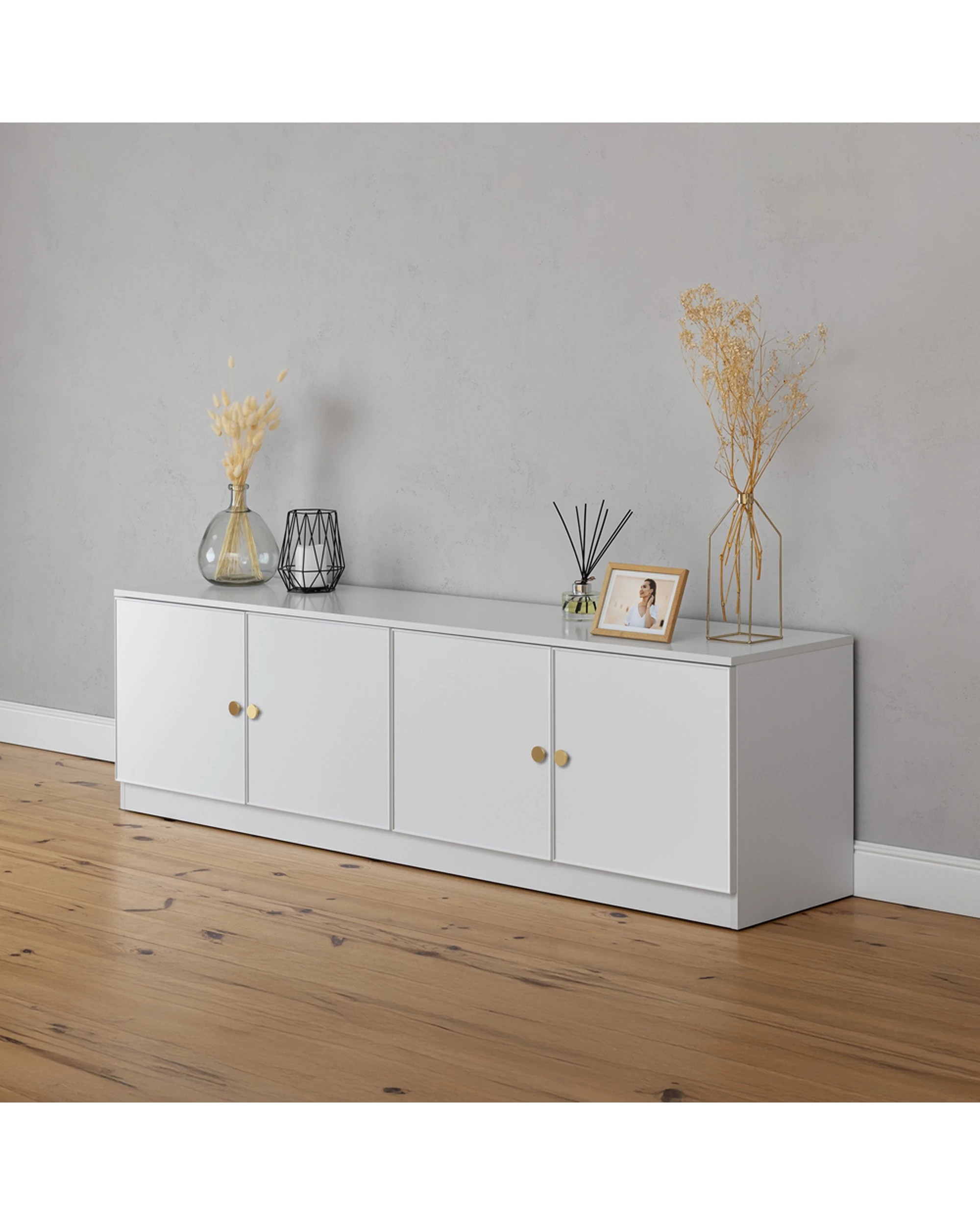 3 European Cabinetry Bucharest Slim Panel TV Unit Brass Round Handle - White, 3 of 4