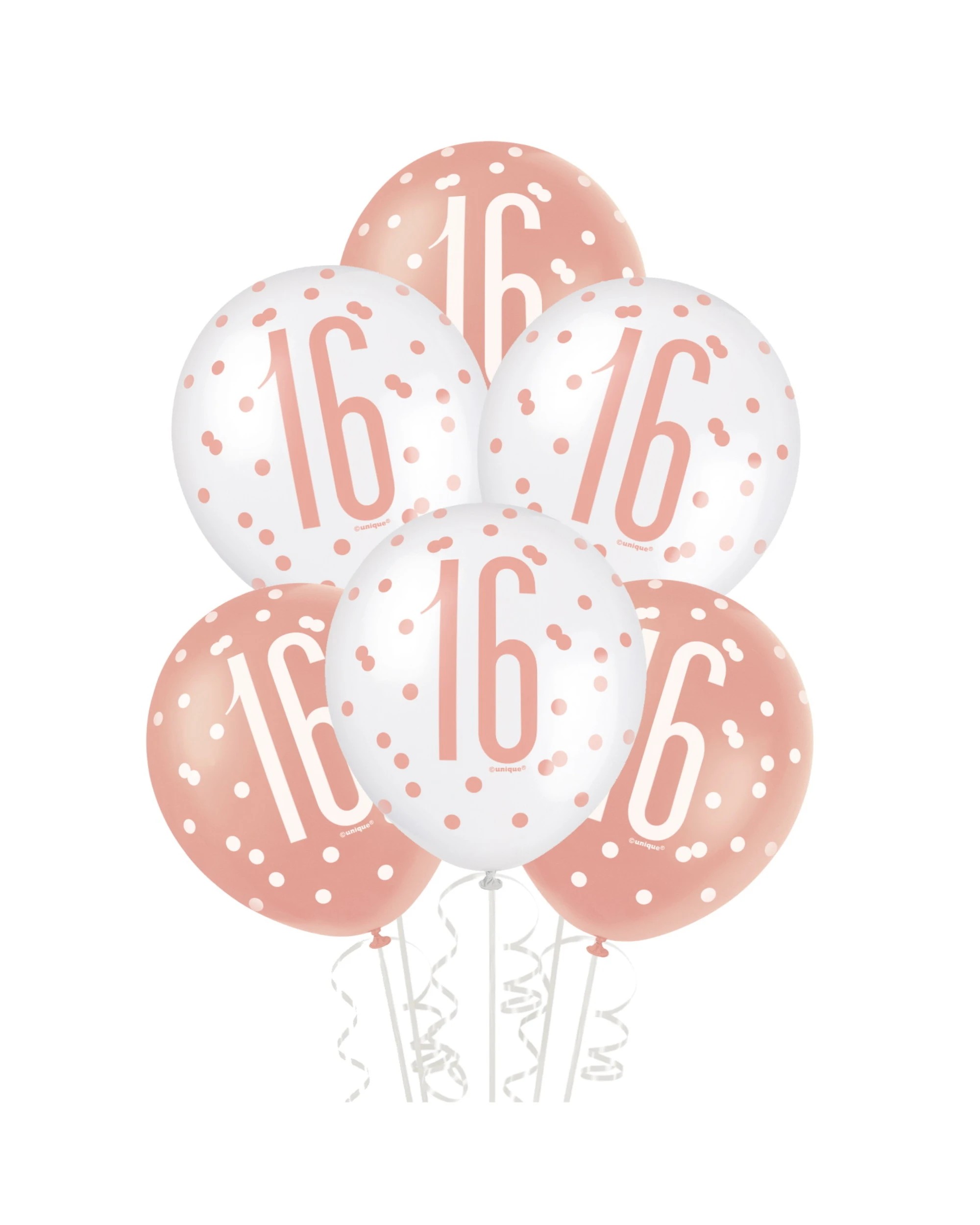 1 Unique Rose & White 16th Birthday Balloons Pack of 6 - Gold, 1 of 2