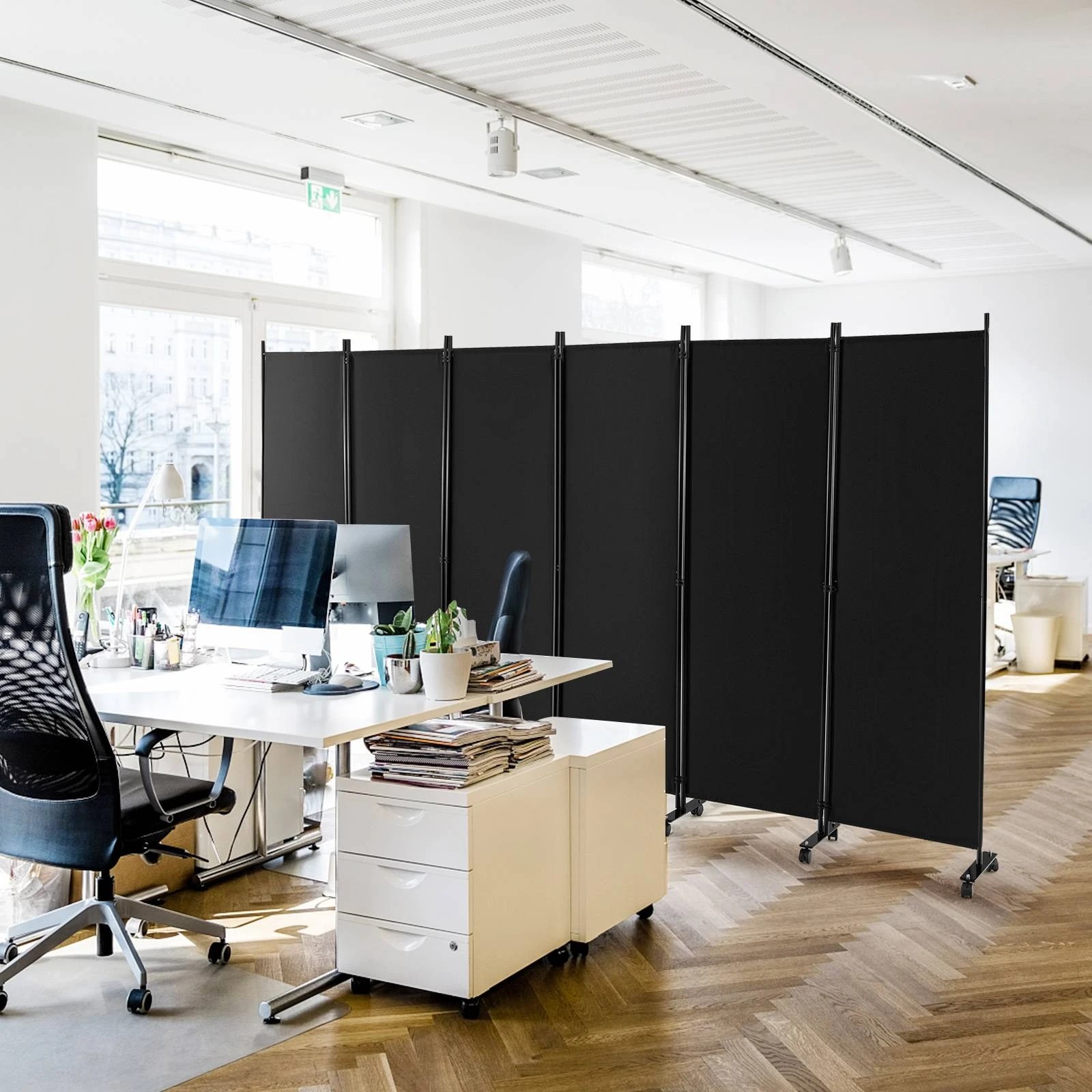2 Costway 1.72m 6-Panel Folding Room Divider Rolling Mobile Privacy Screen w/Lockable Wheels - Black, 2 of 3