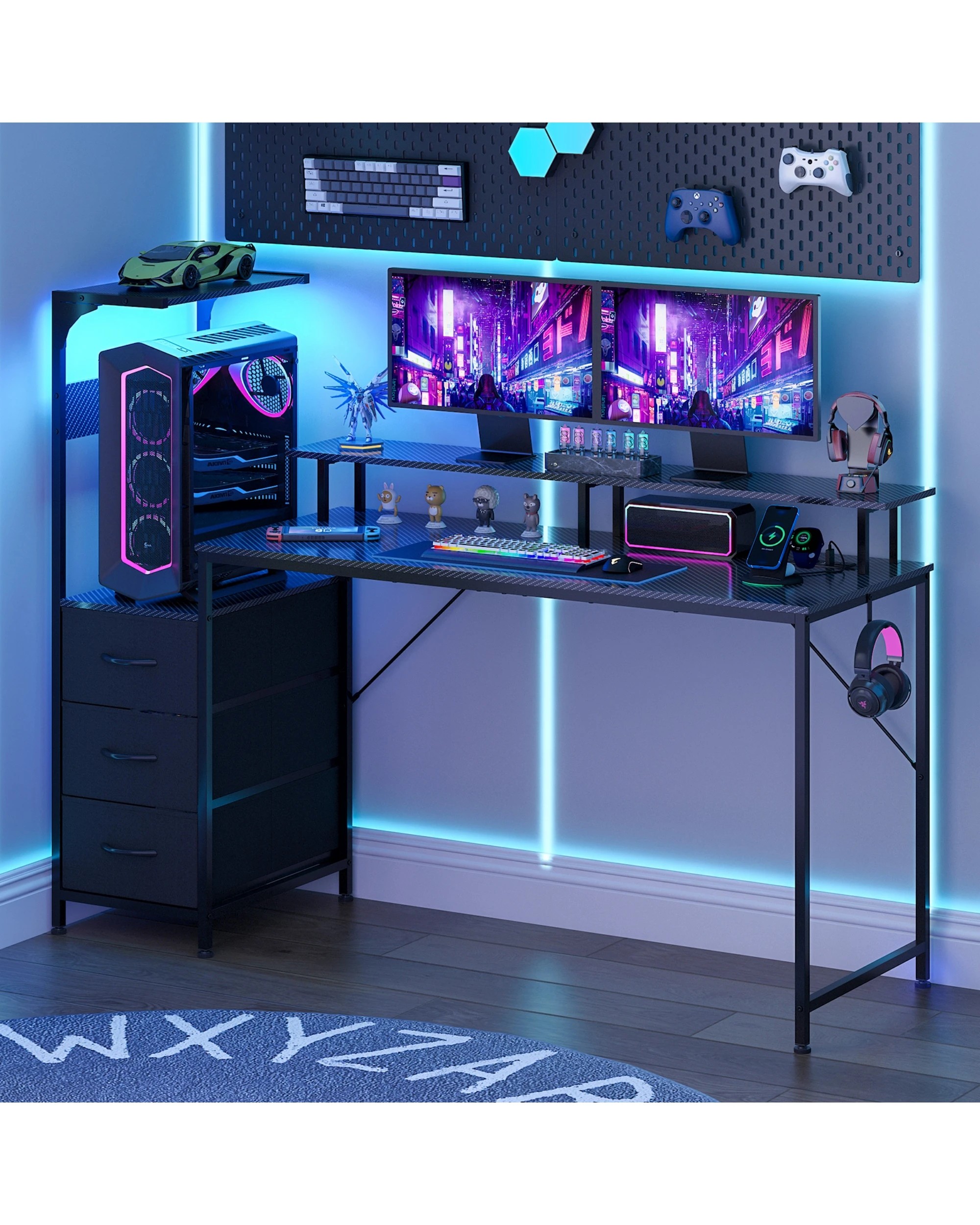 2 Advwin Gaming Desk with LED Lights & Power Outlets Reversible Storage Shelf 150cm Computer Desk, 2 of 10