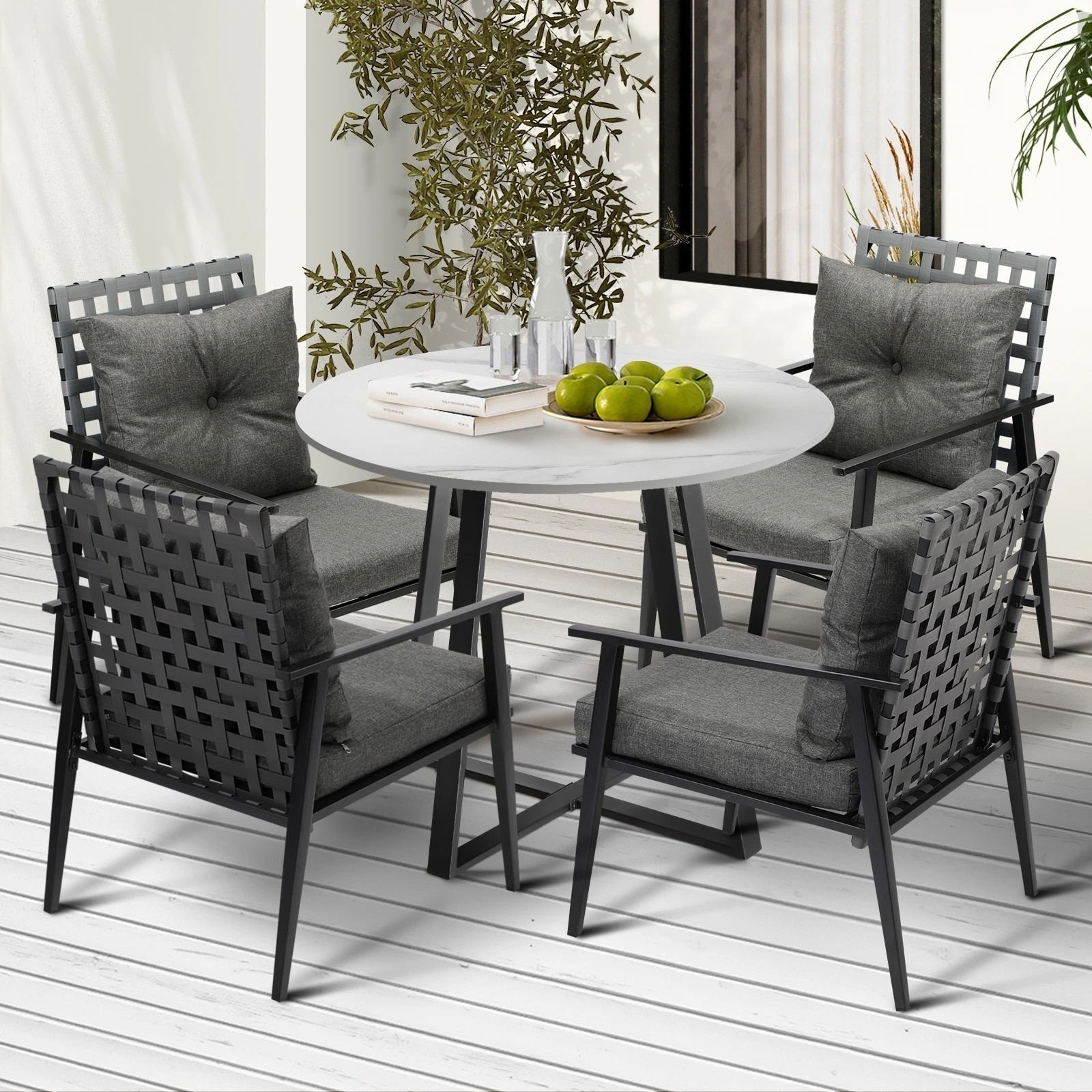 3 Livsip Outdoor Dining Set 4 Seater Marble Table Patio Furniture Rattan Armchair - Multi, 3 of 9