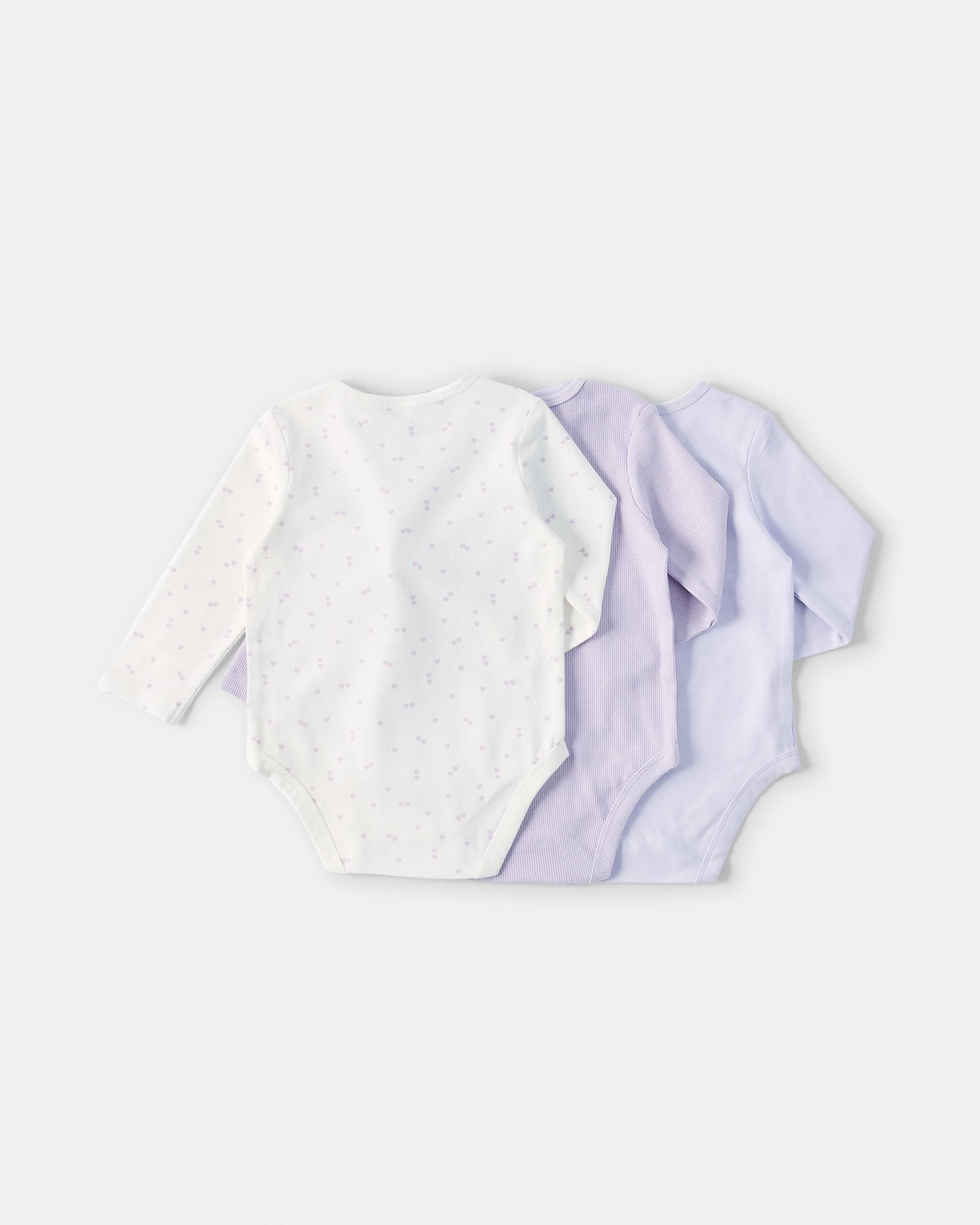 2 3 Pack Cotton Long Sleeve Bodysuits Prpl Heart, 2 of 8