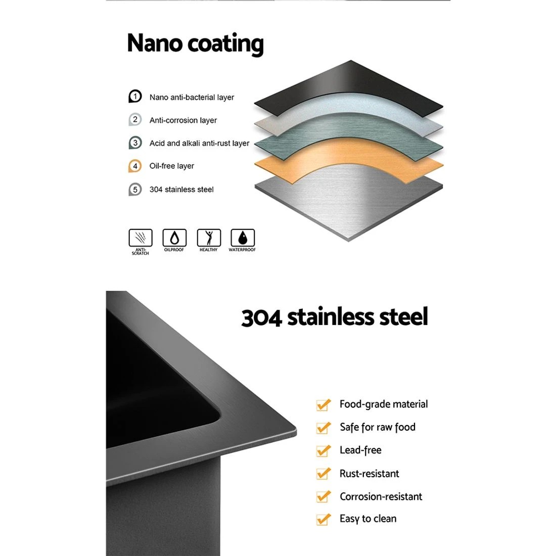 2 Cefito Kitchen Sink 75X45CM Stainless Steel Basin Single Bowl Drain Part - Black, 2 of 4