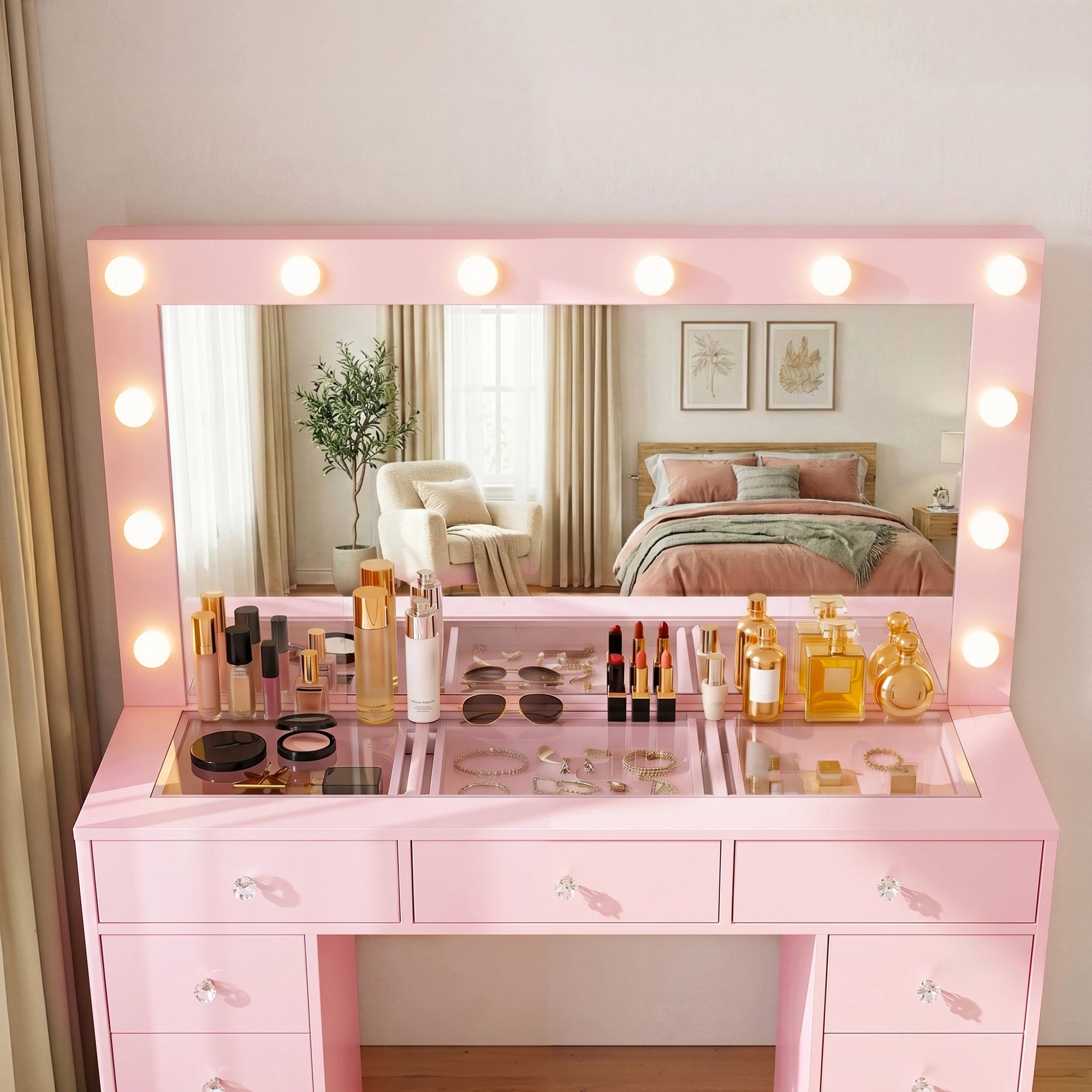 7 Artiss Dressing Table Charging Station LED Vanity Desk Set Stool Glass Top Make up Mirror Storage Drawer - Pink, 7 of 9