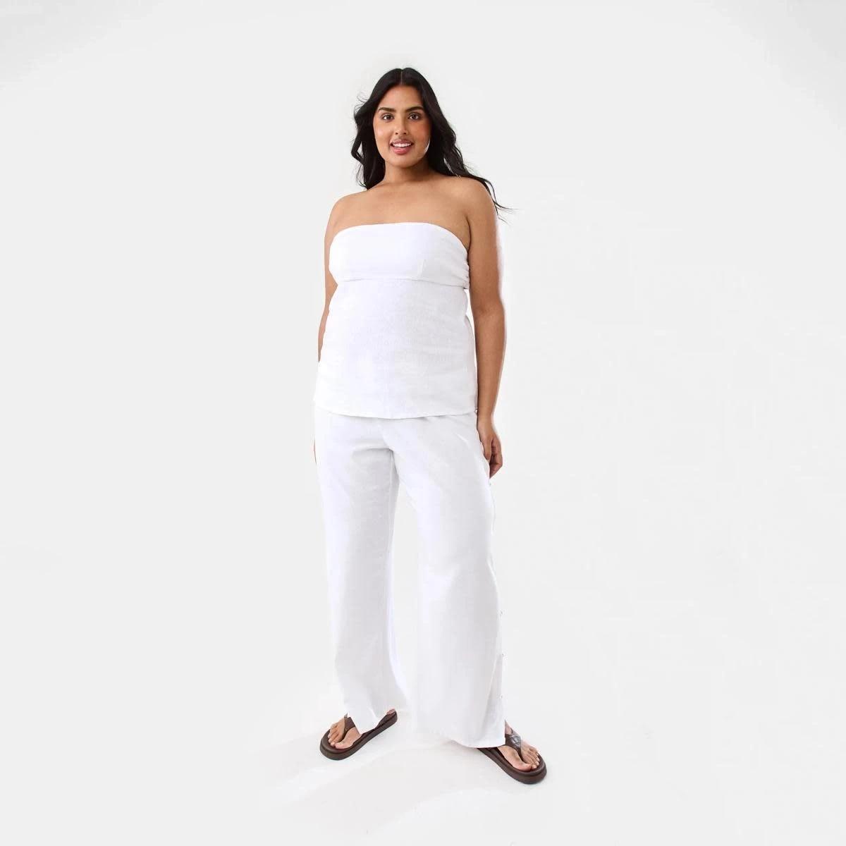 4 Strapless Tie Back Linen Blend Top WHITE, 4 of 10