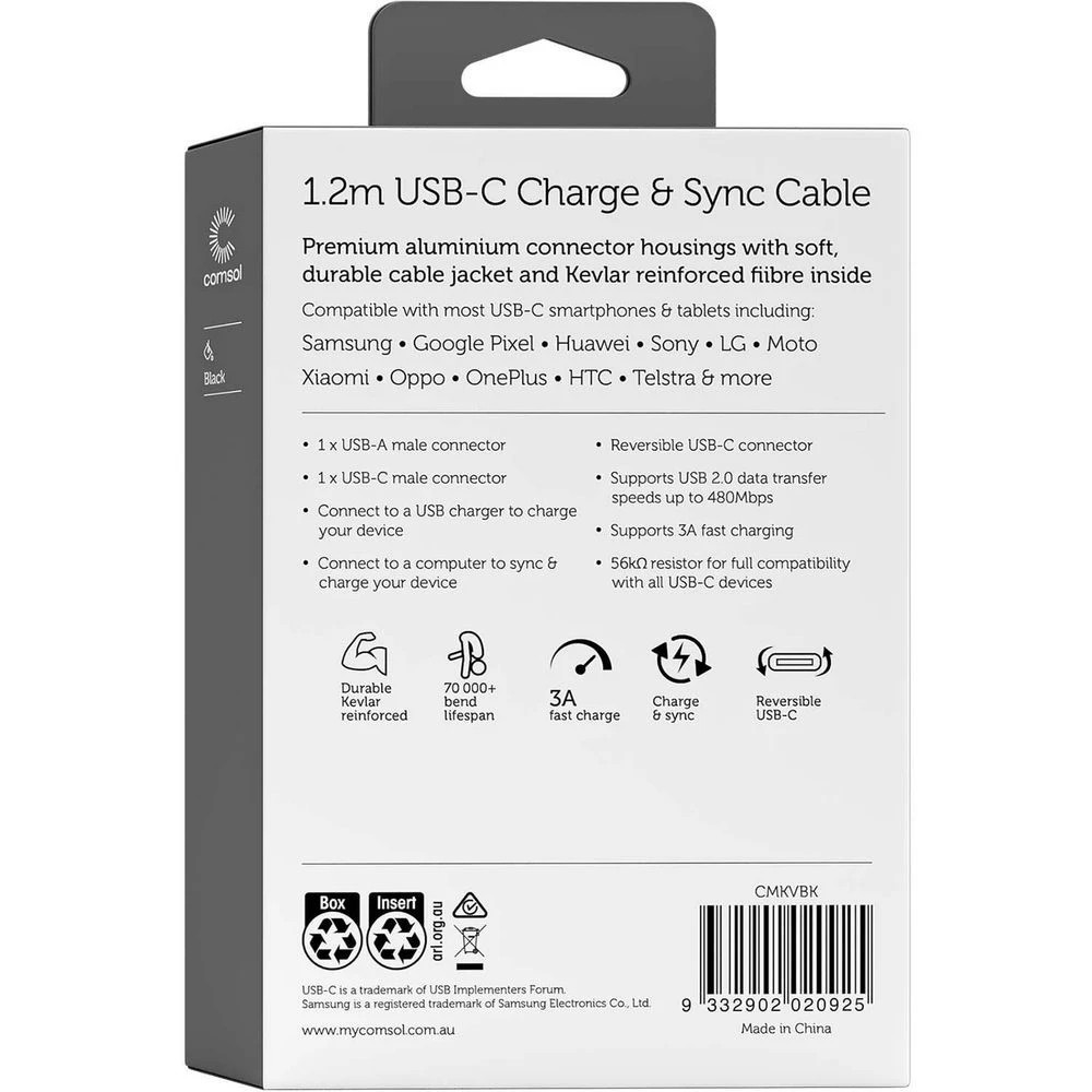 7 Comsol Kevlar USB-A to USB-C Cable 1.2m Black, 7 of 7