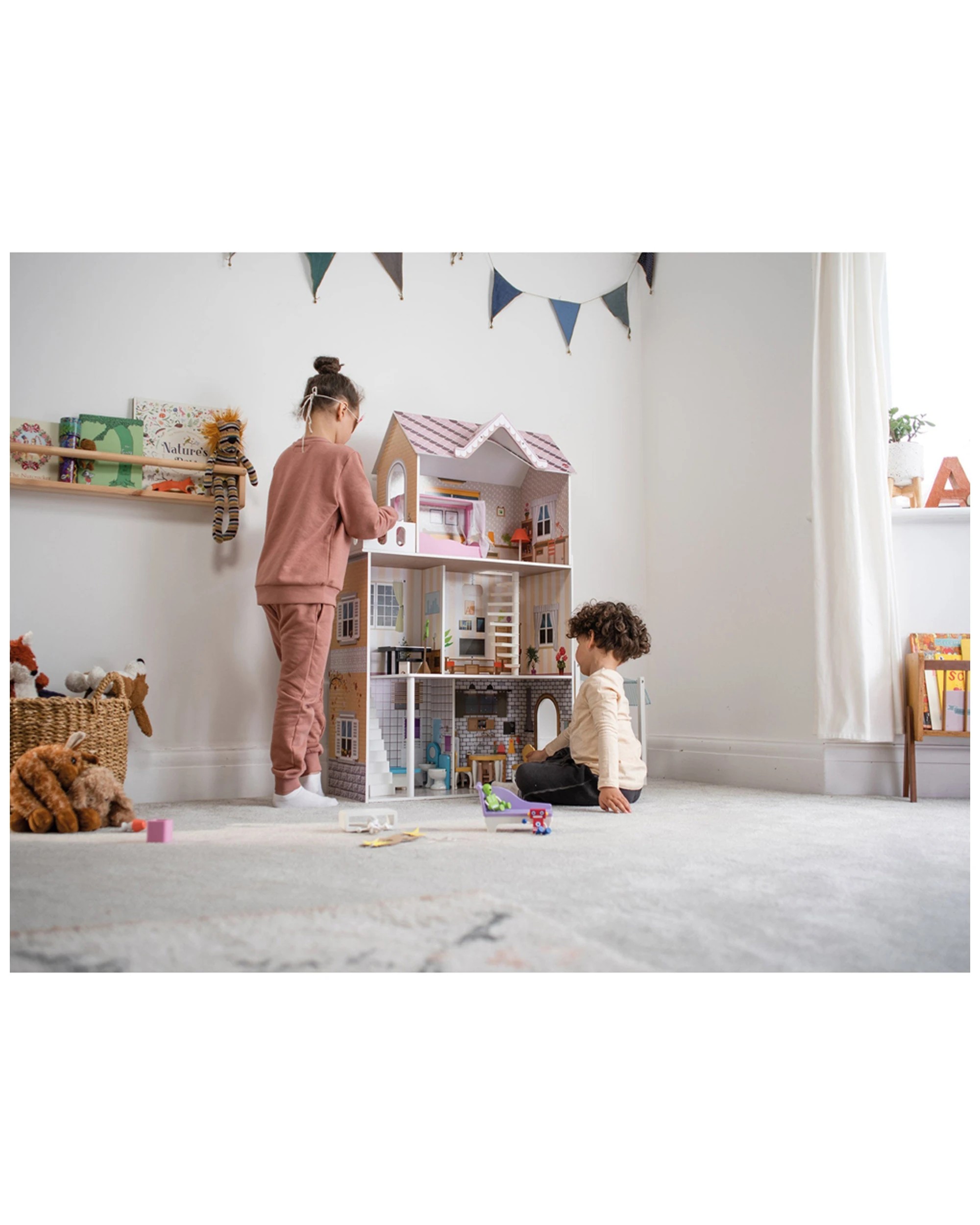 9 Plum Play Au Shorehouse Wooden Dolls House Three Storey With Furniture Set - Brown, 9 of 9