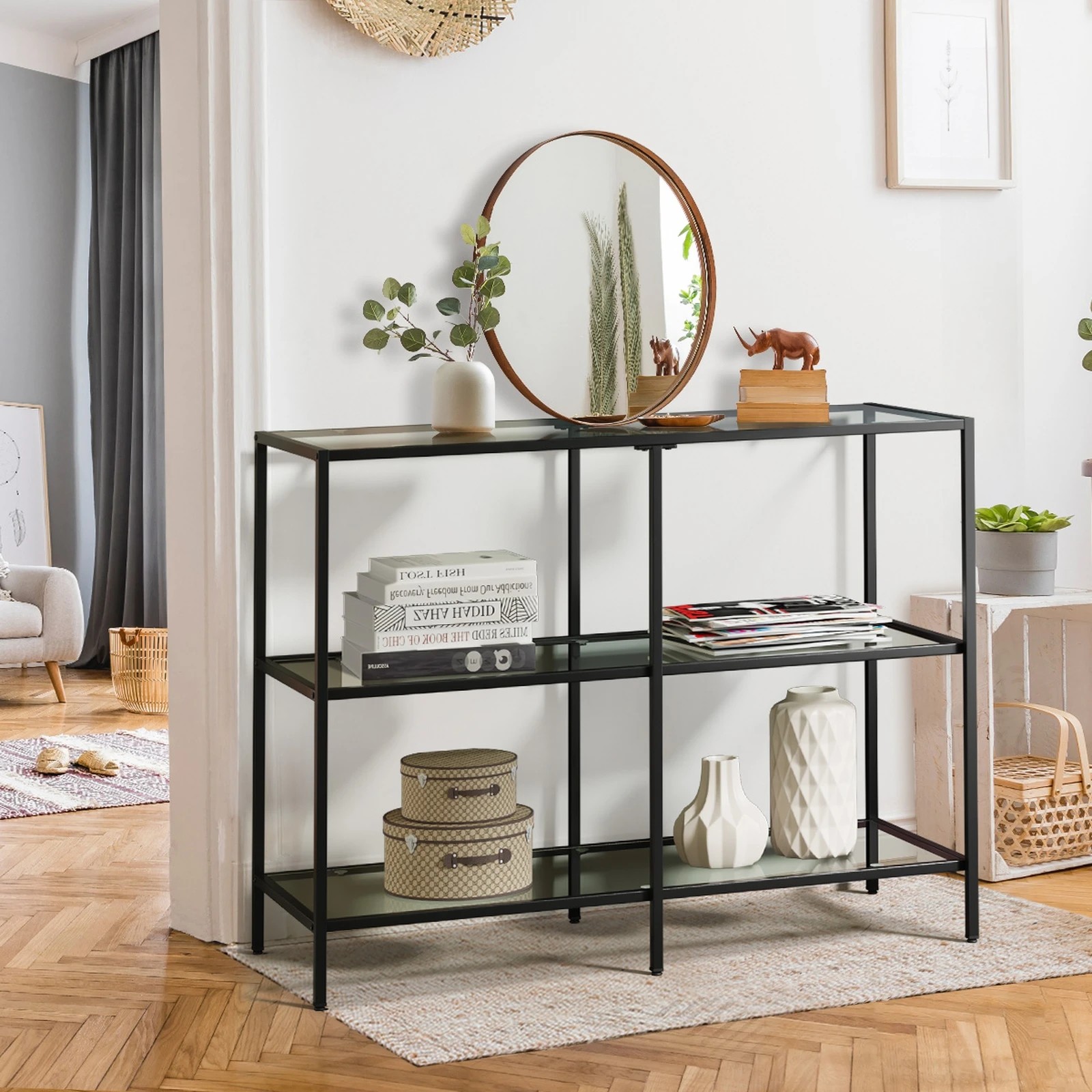 3 Oikiture Console Table Tempered Glass Sofa Table Hall Side Entry 3 Shelves
 - Black, 3 of 10