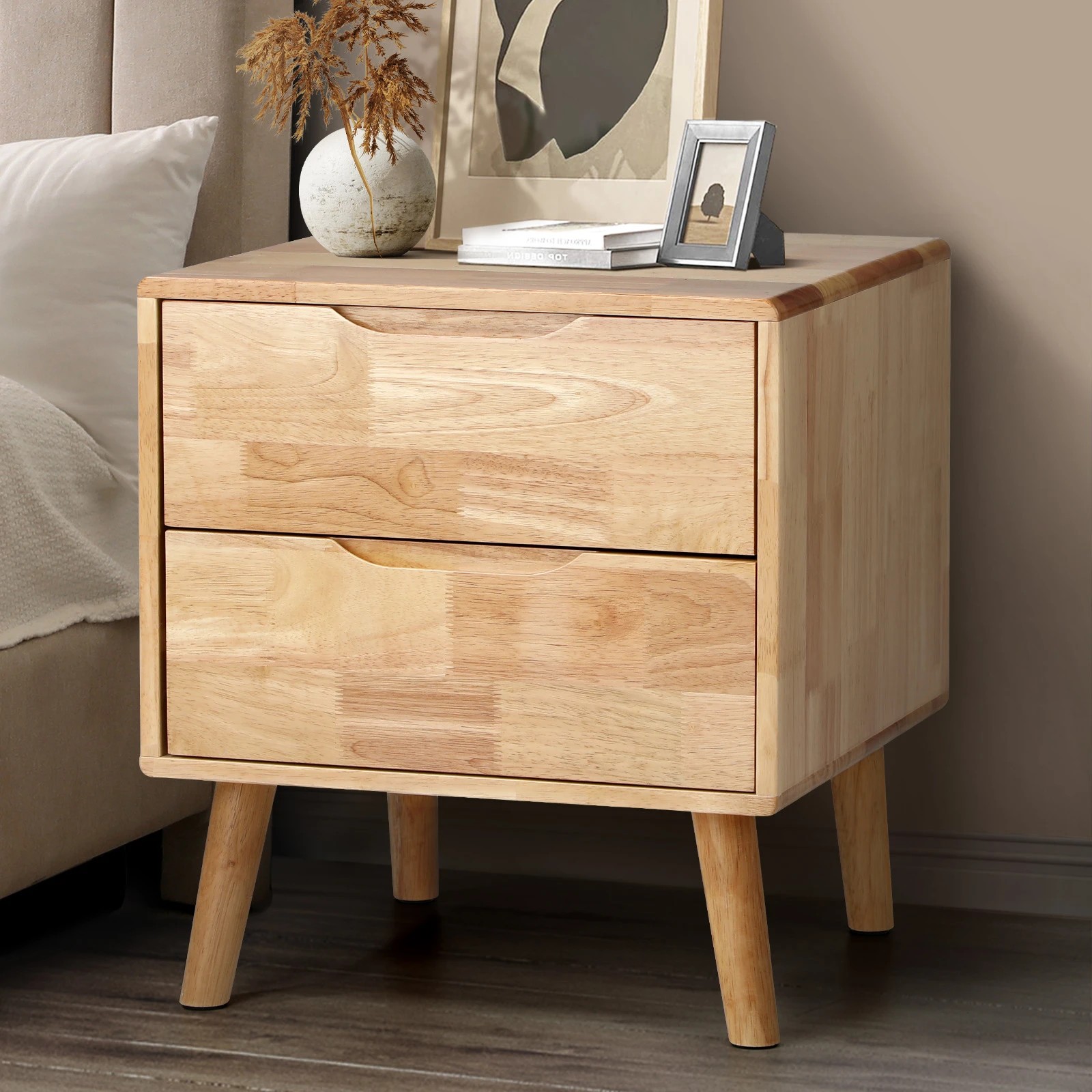 3 Oikiture Bedside Table 2 Drawers Storage Nightstand Solid Wood - Natural, 3 of 8