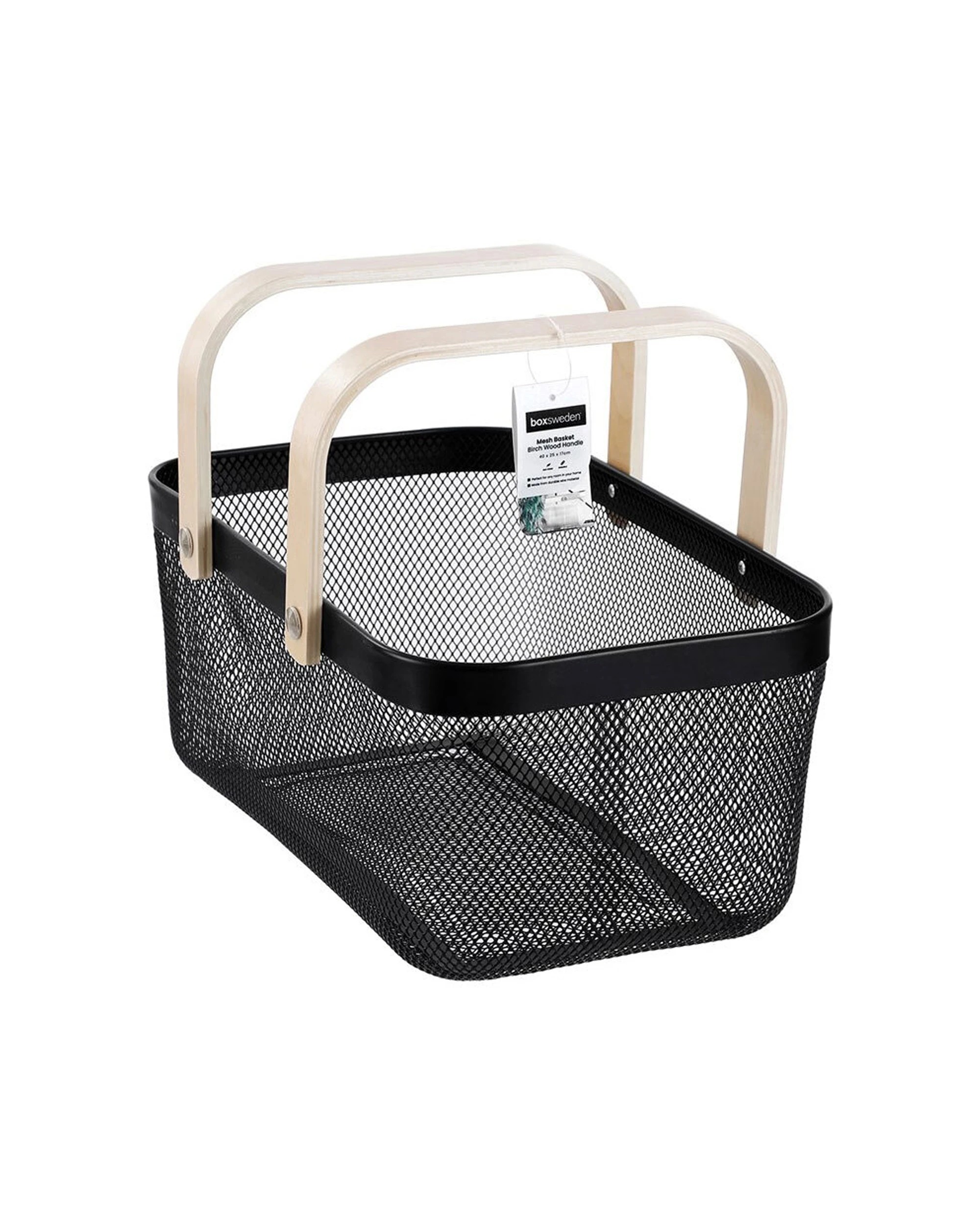 3 Boxsweden 40x25x17cm Mesh Storage Basket With Birch Wooden Handle - Black, 3 of 3