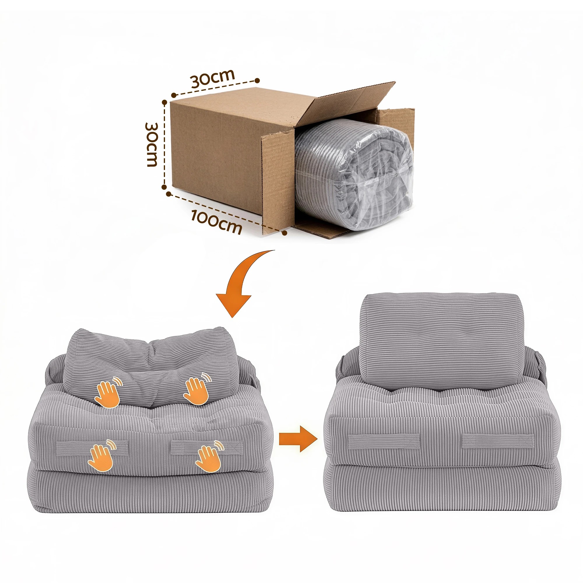 4 Artiss 1 Seater Corduroy Convertible Sofa Bed Pull Out Boneless Couch - Grey, 4 of 9