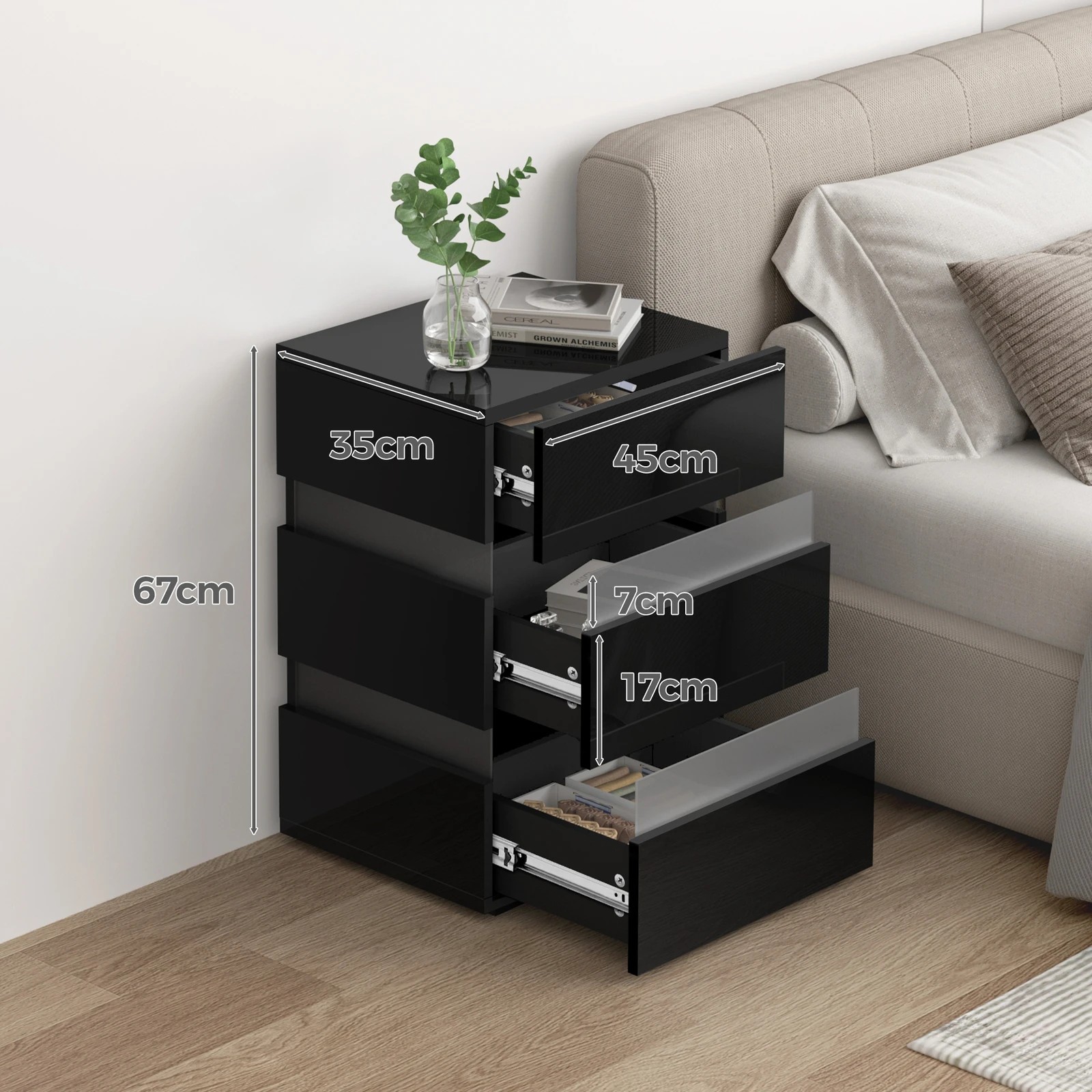 5 Alfordson 2x Bedside Table LED Nightstand 3 Drawers Gloss - Black, 5 of 10