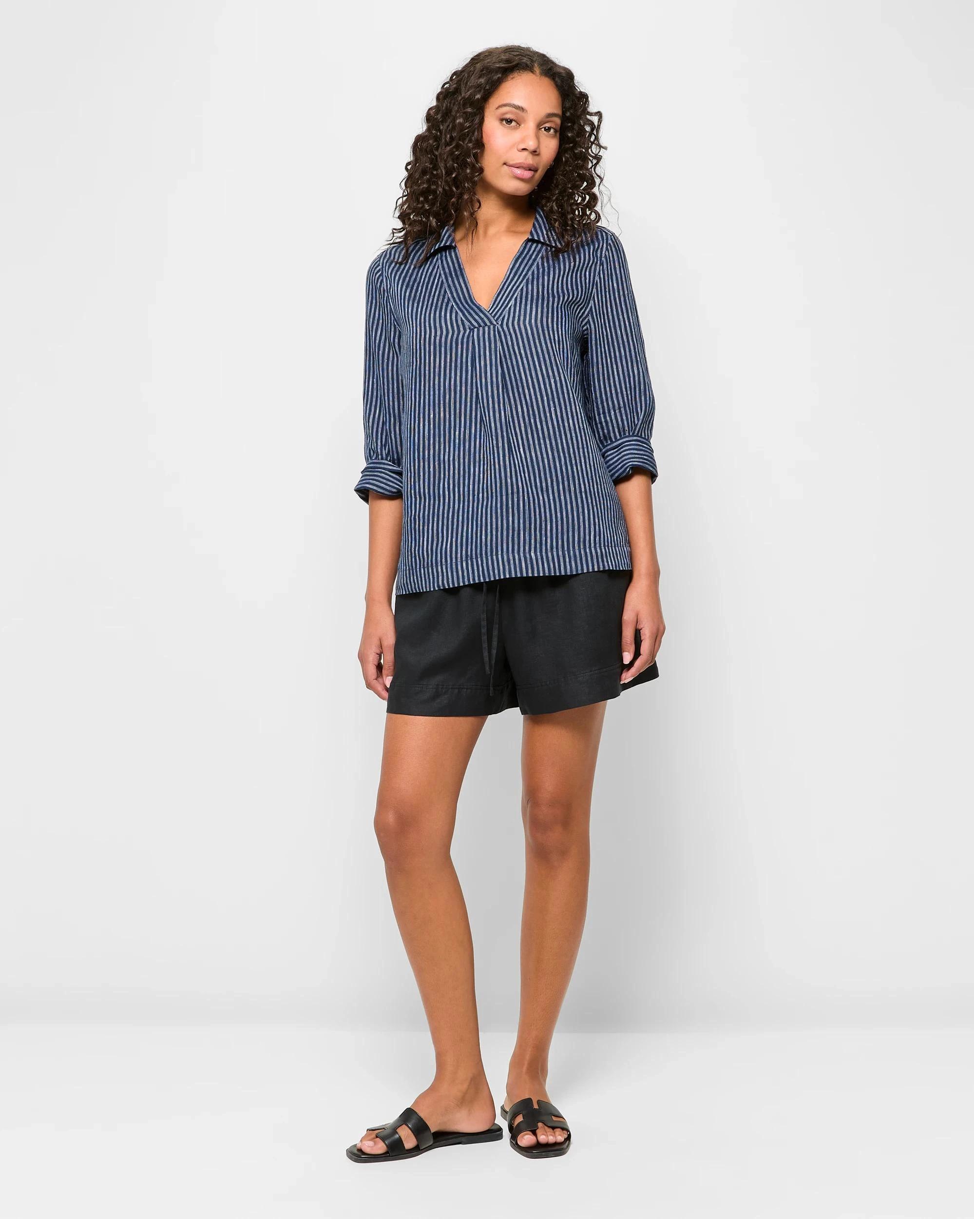 2 Target Woman European Linen 3/4 Sleeve Popover Shirt NAVY PINSTRIPE, 2 of 5