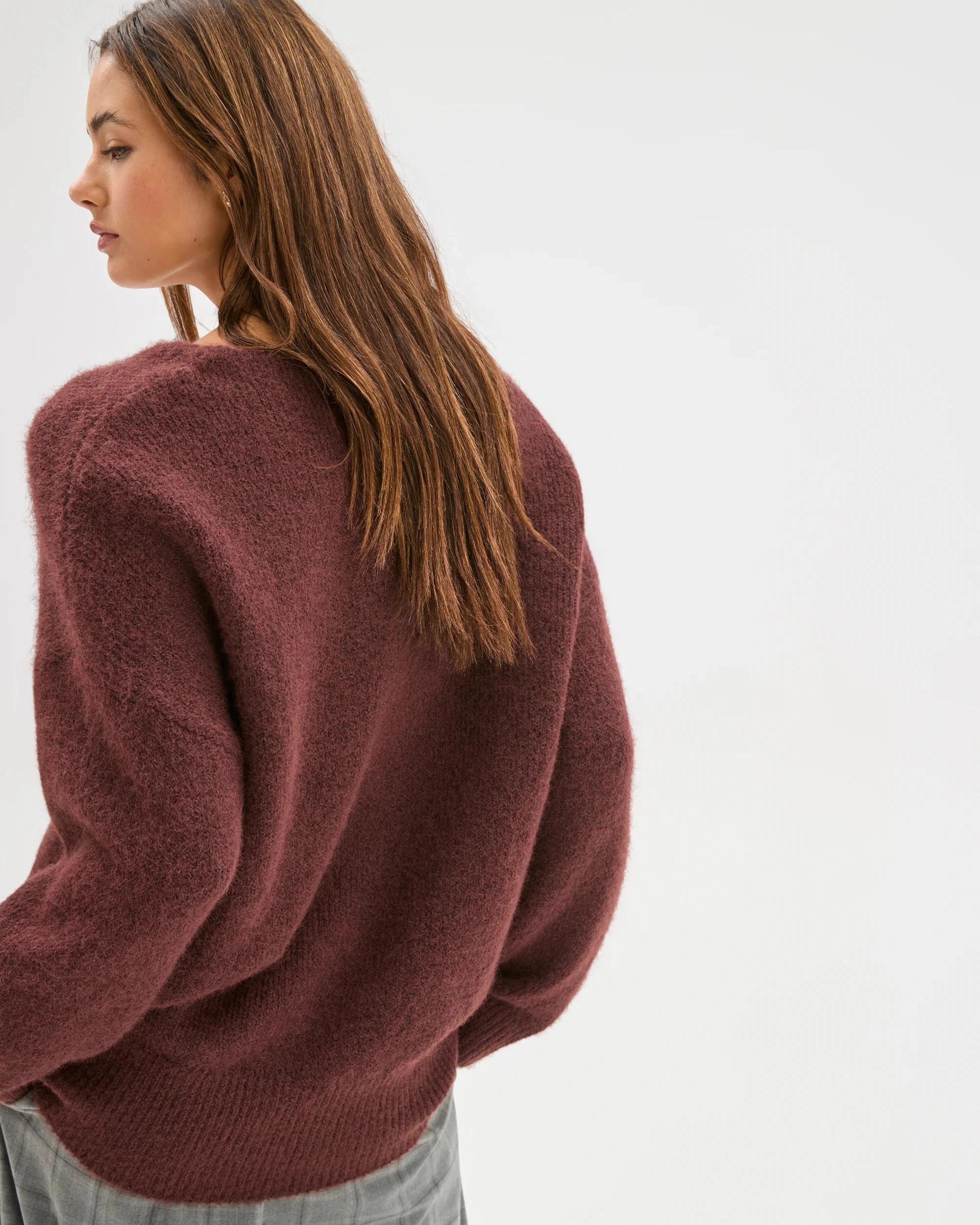 6 Lily Loves V-Neck Fluffy Knit Jumper BURGUNDY, 6 of 6