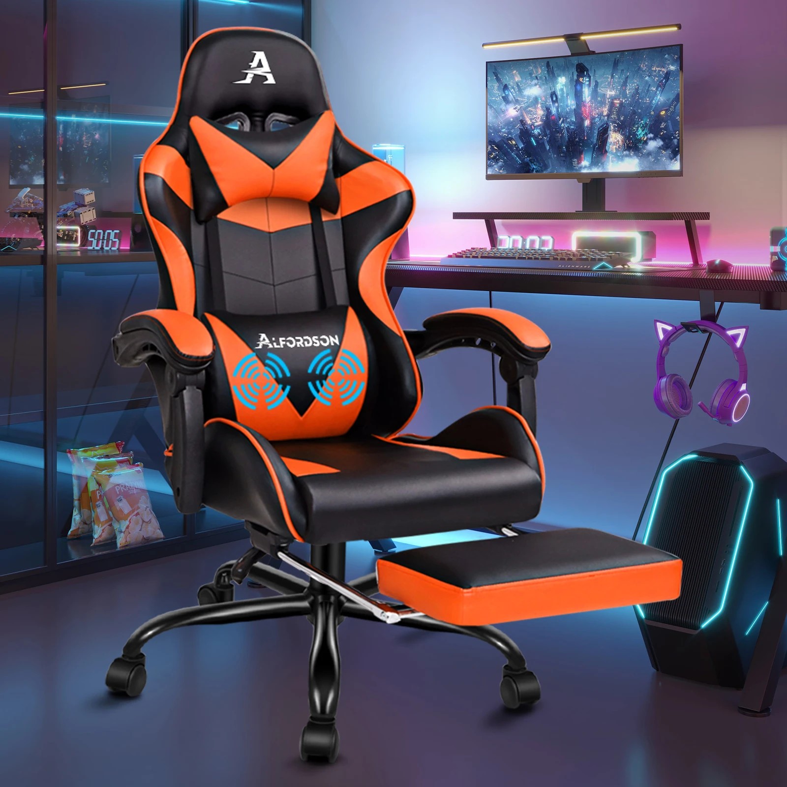 2 Alfordson Gaming Chair Office Executive Racing Footrest Seat PU Leather - Orange, 2 of 10