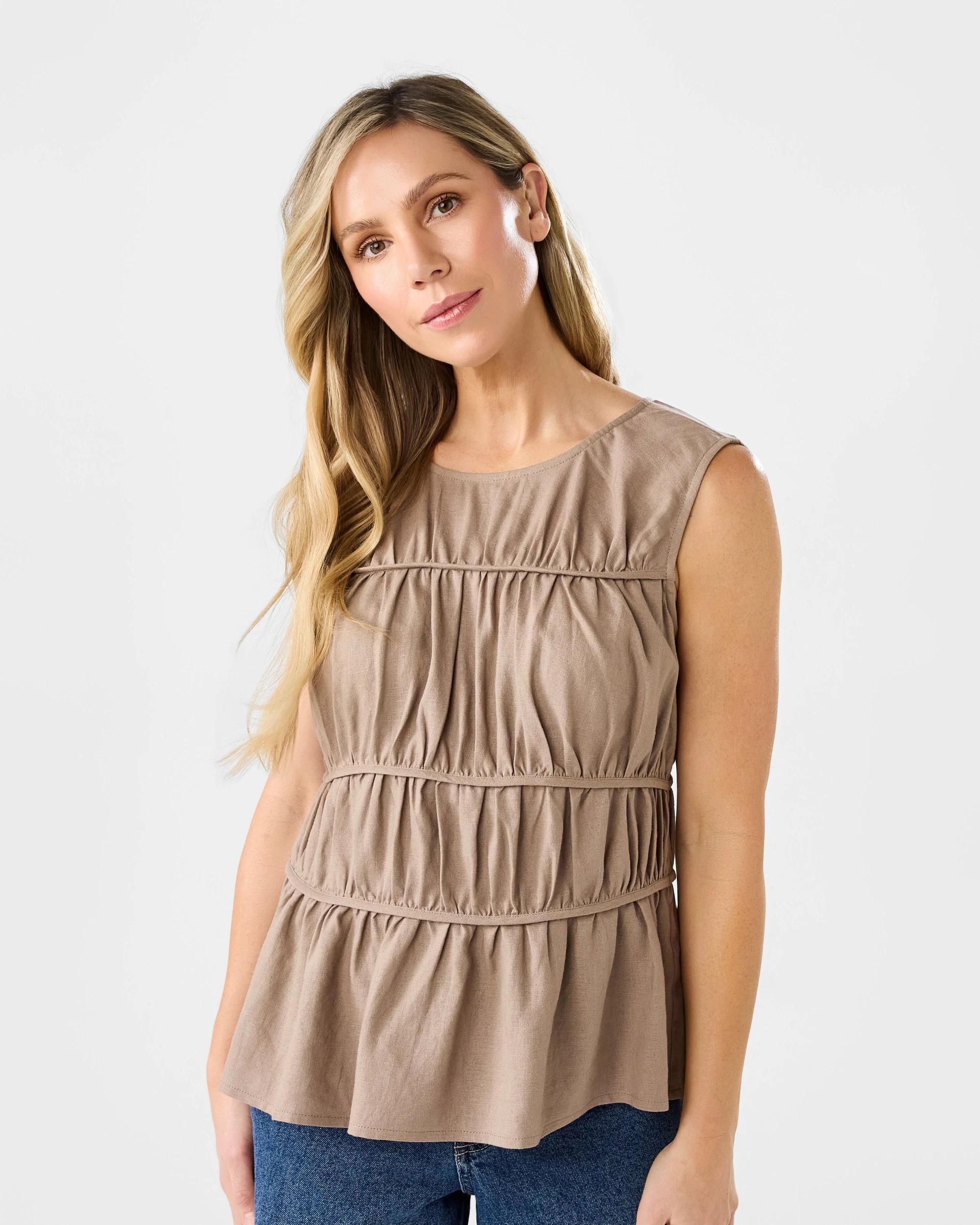 1 Sleeveless Linen Blend Ruched Top Dsrt Taupe, 1 of 6